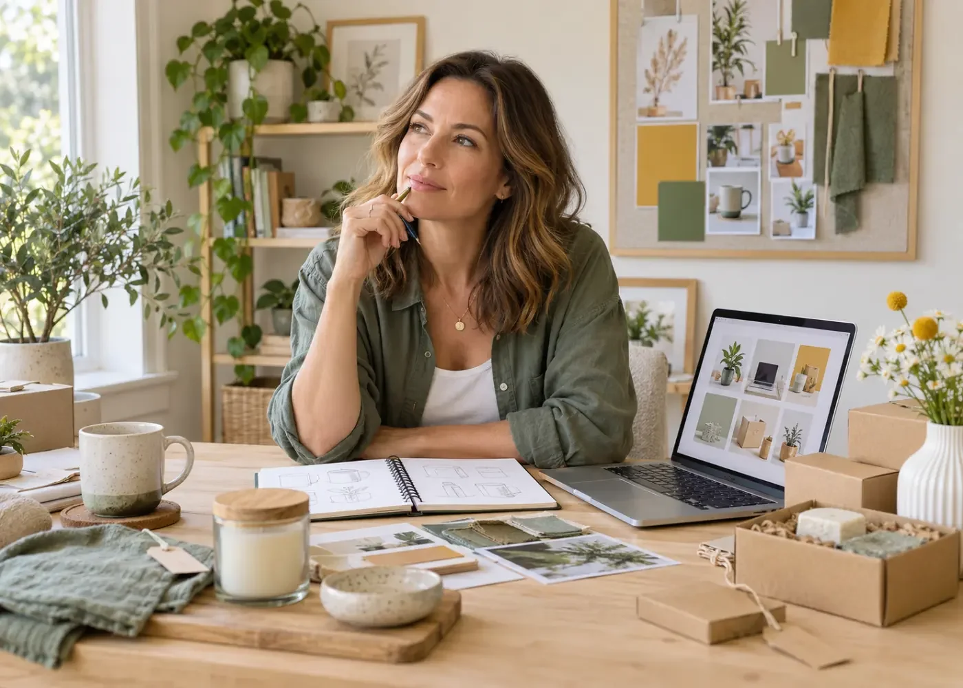 Woman considering product ideas at a home office desk with a laptop, notebook, fabric samples, and packaged home accessories.