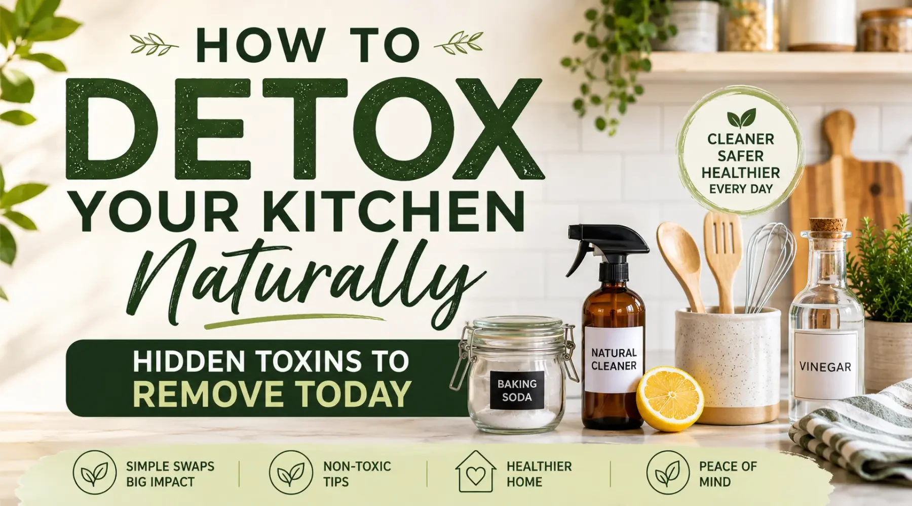 A bright modern kitchen with natural cleaning ingredients, wooden utensils, glass containers, and plants, featuring the title "How to Detox Your Kitchen Naturally: Hidden Toxins to Remove Today."