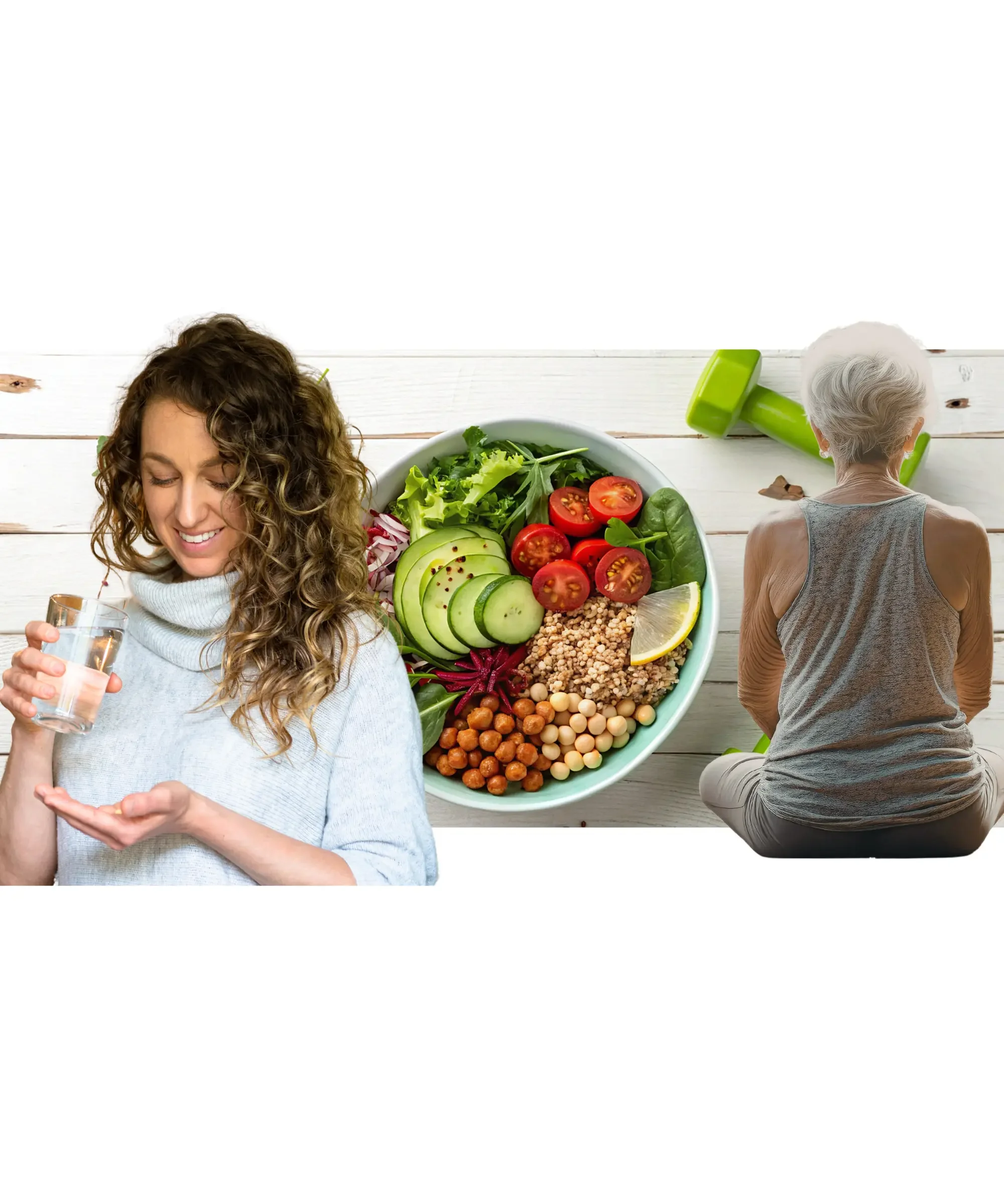 Woman holding a glass of water next to a bowl of healthy foods like cucumber, quinoa, chickpeas, and lemon, representing natural lifestyle changes to support blood sugar balance