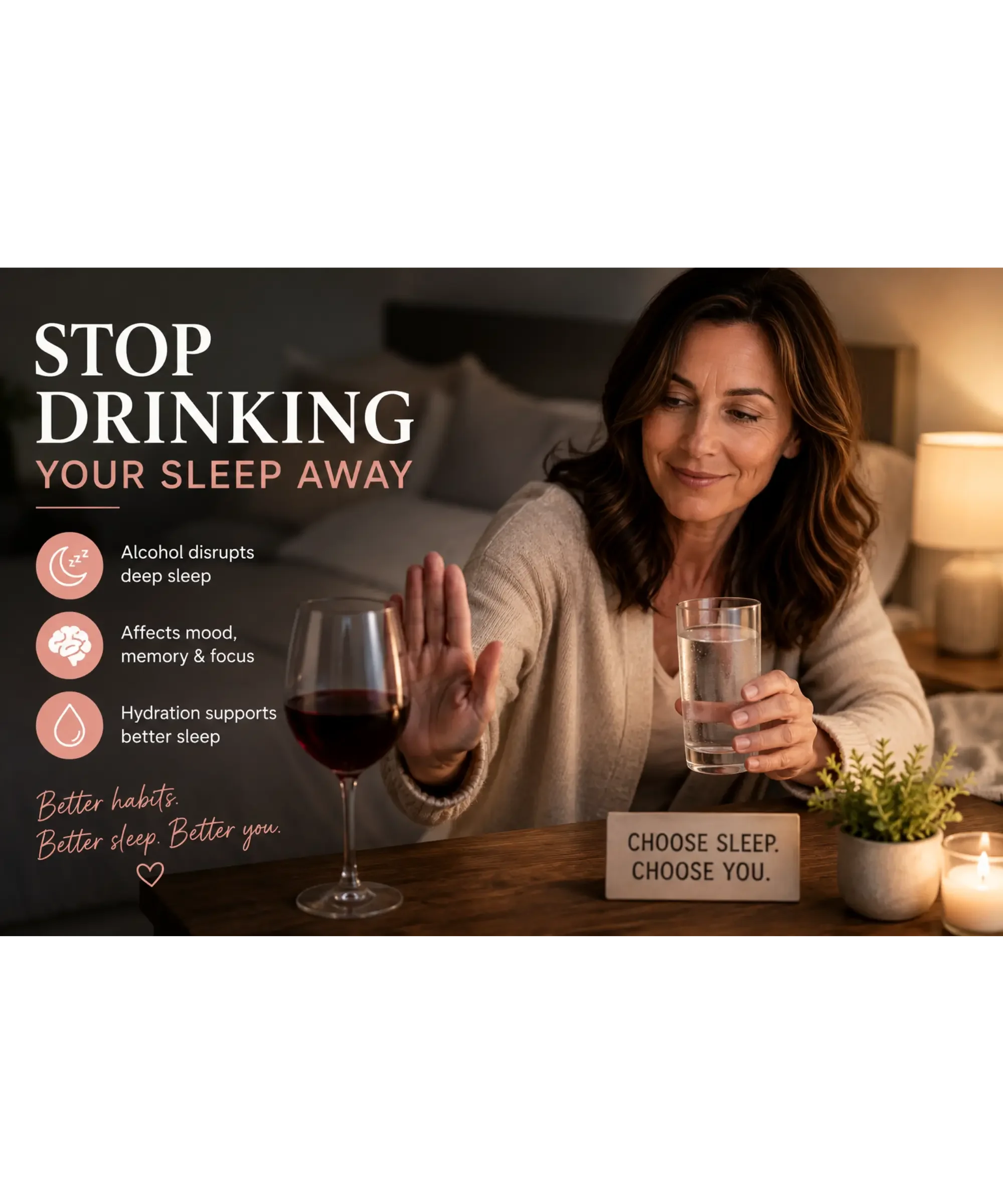 A middle-aged woman chooses a glass of water instead of wine before bed, illustrating how limiting alcohol and staying hydrated can support deeper sleep, better focus, and healthier nighttime habits.