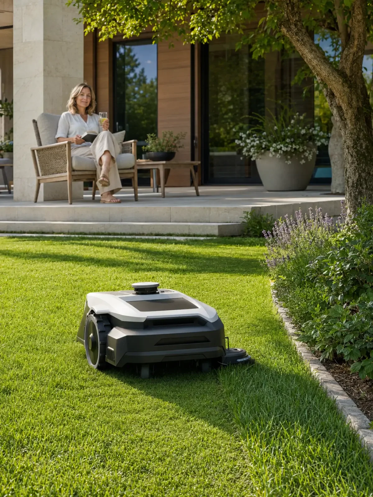 Robot lawn mower trimming grass while a woman relaxes on the patio.