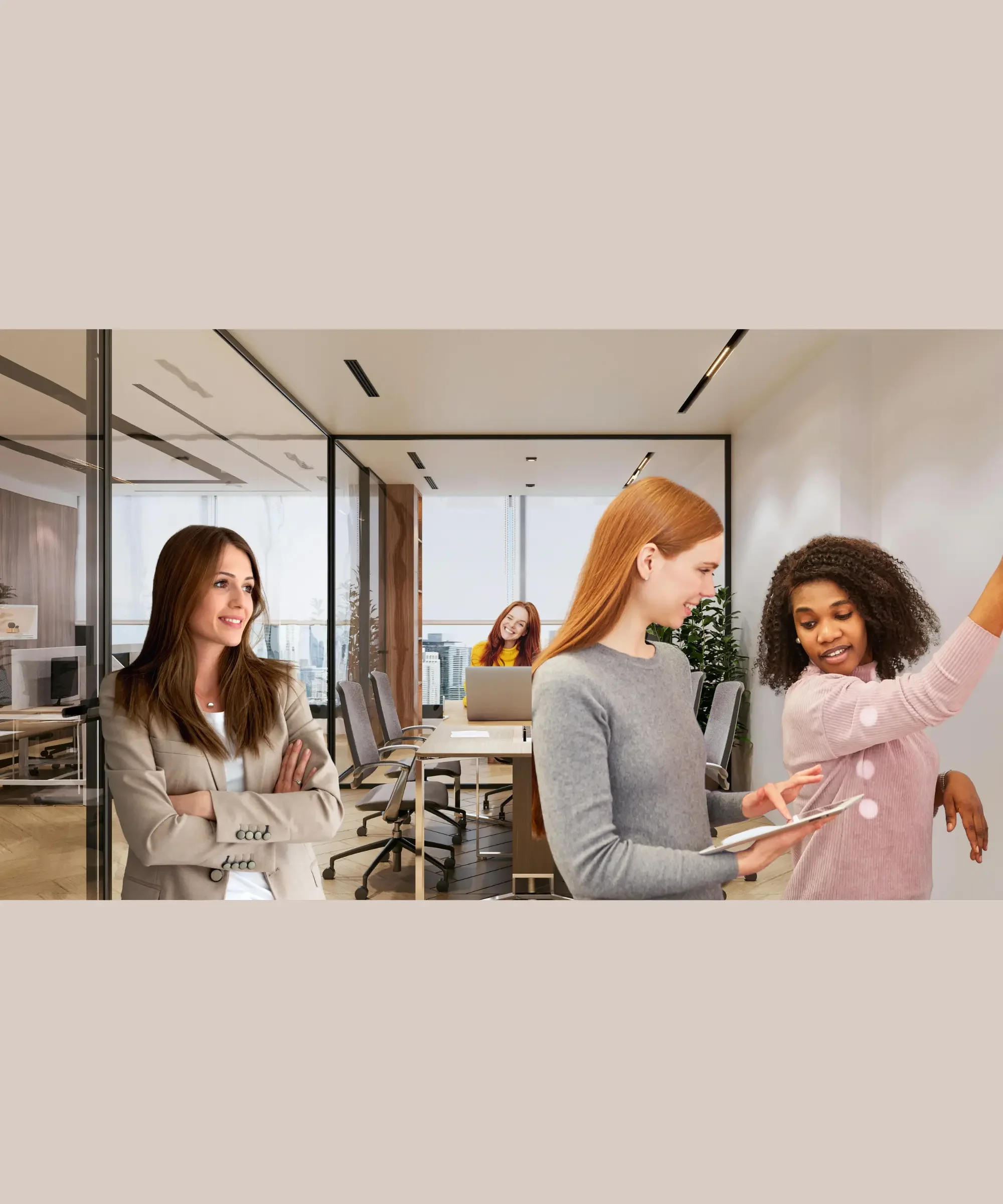 Women collaborating in a modern office while discussing a business idea and reviewing a digital product on a tablet