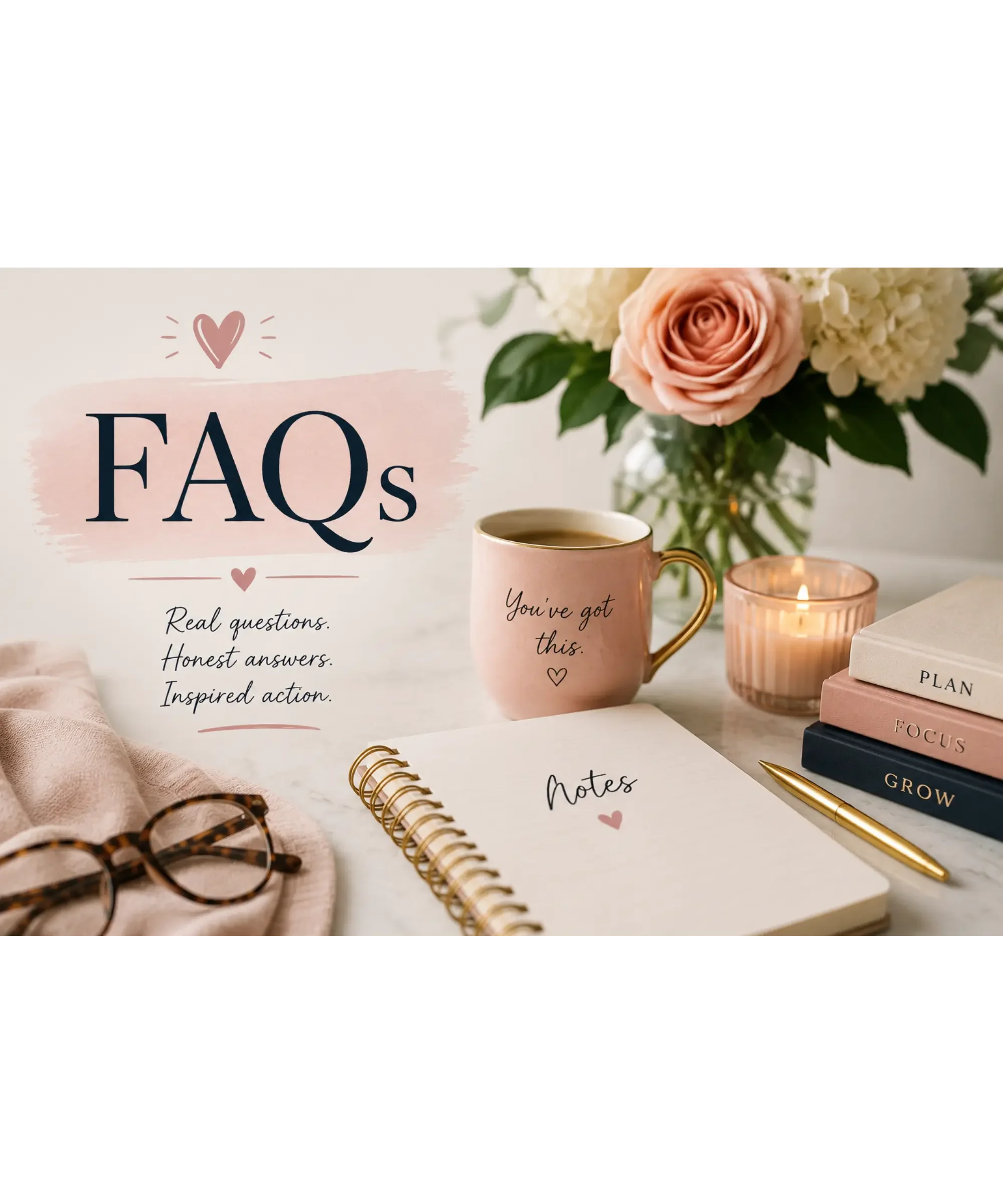 An elegant feminine workspace featuring a coffee mug, notebook, books, fresh flowers, and the heading "FAQs." The image introduces a frequently asked questions section about starting a business after 40 in a warm, welcoming setting.