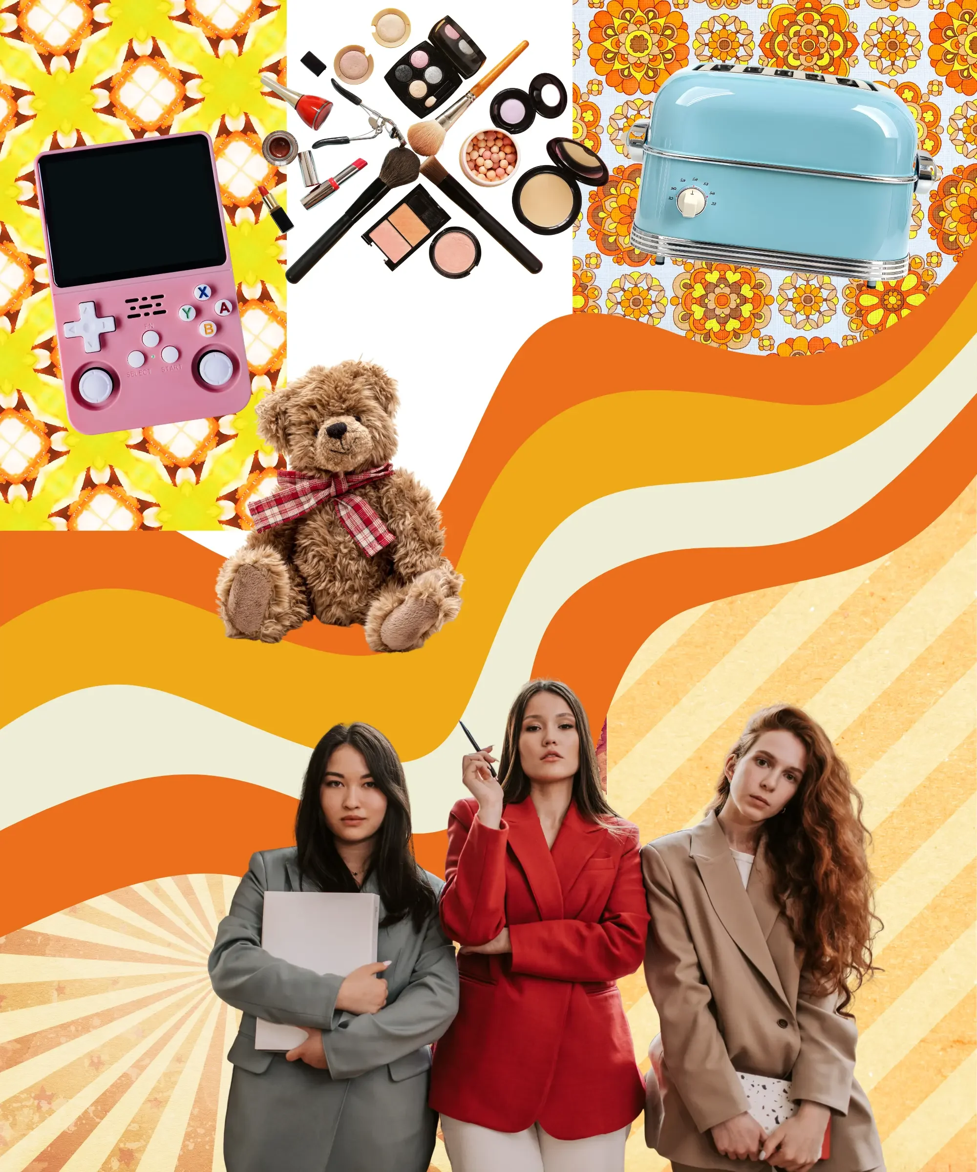 Retro collage of women entrepreneurs with product ideas like toys, makeup, and kitchen gadgets, symbolizing sourcing products from China.