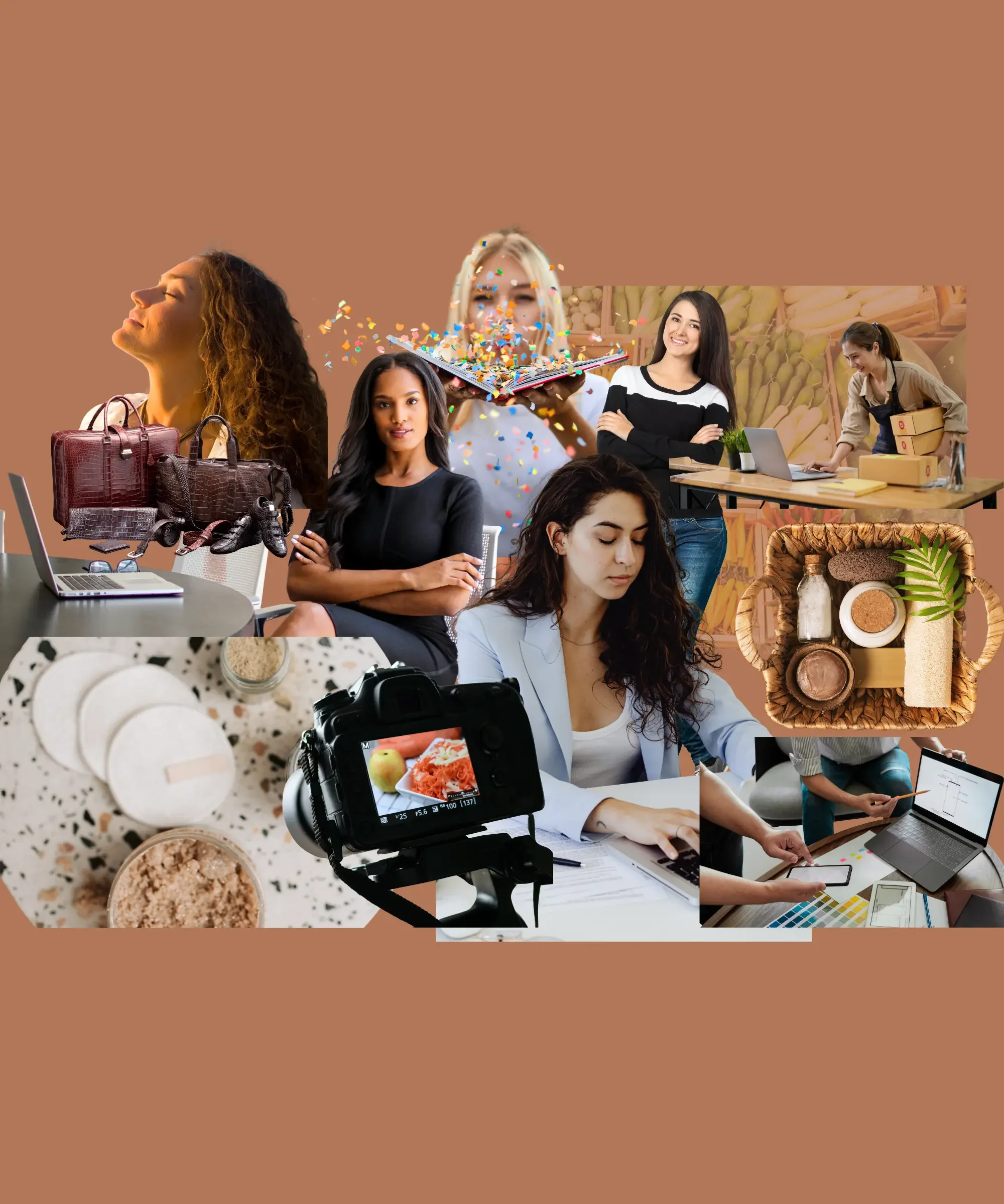 Collage of diverse women working on laptops, planning businesses, creating content, packaging products, and managing wellness and digital projects.