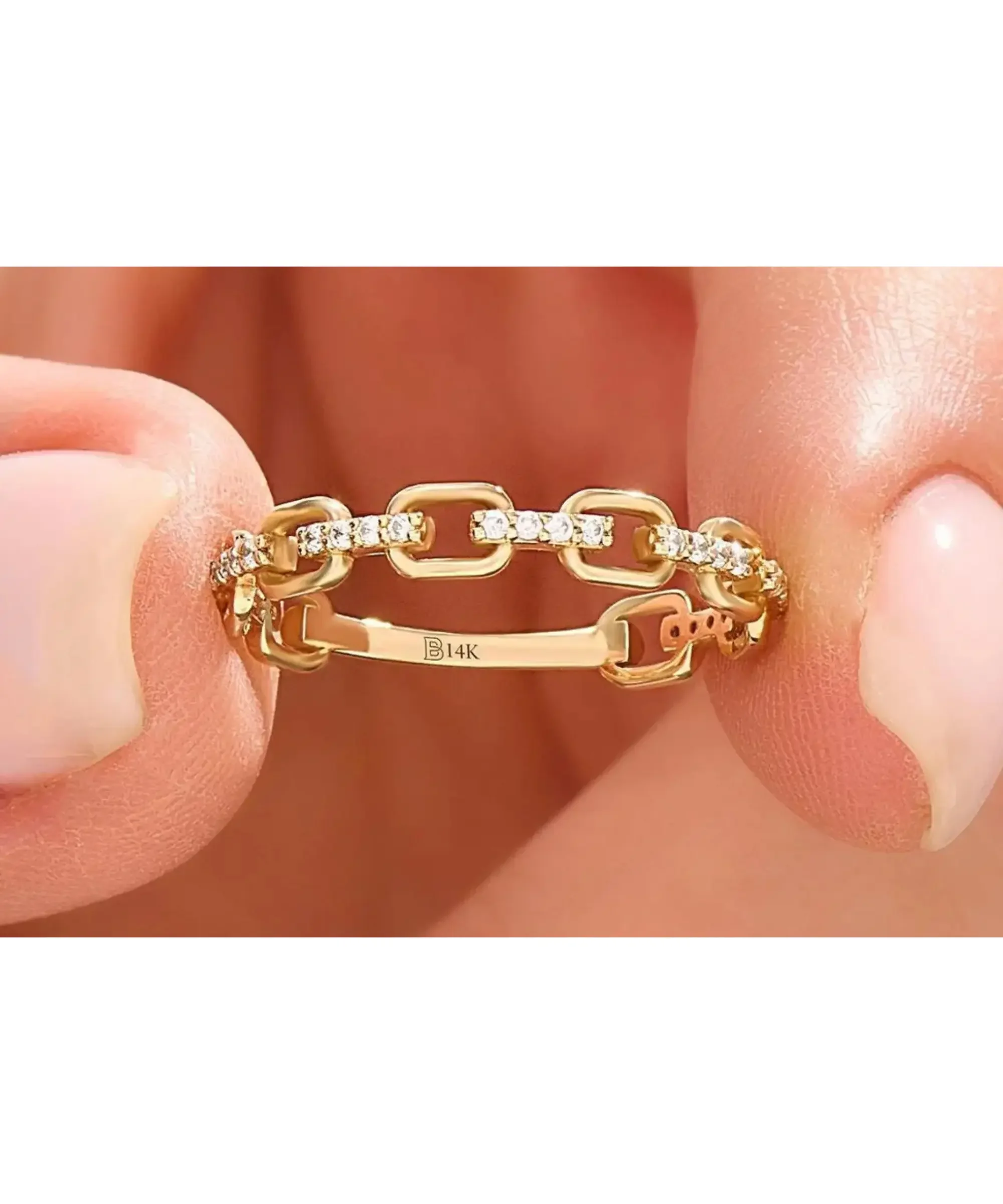 14K gold chain-link ring with small diamond accents, elegant minimalist jewelry gift for women.