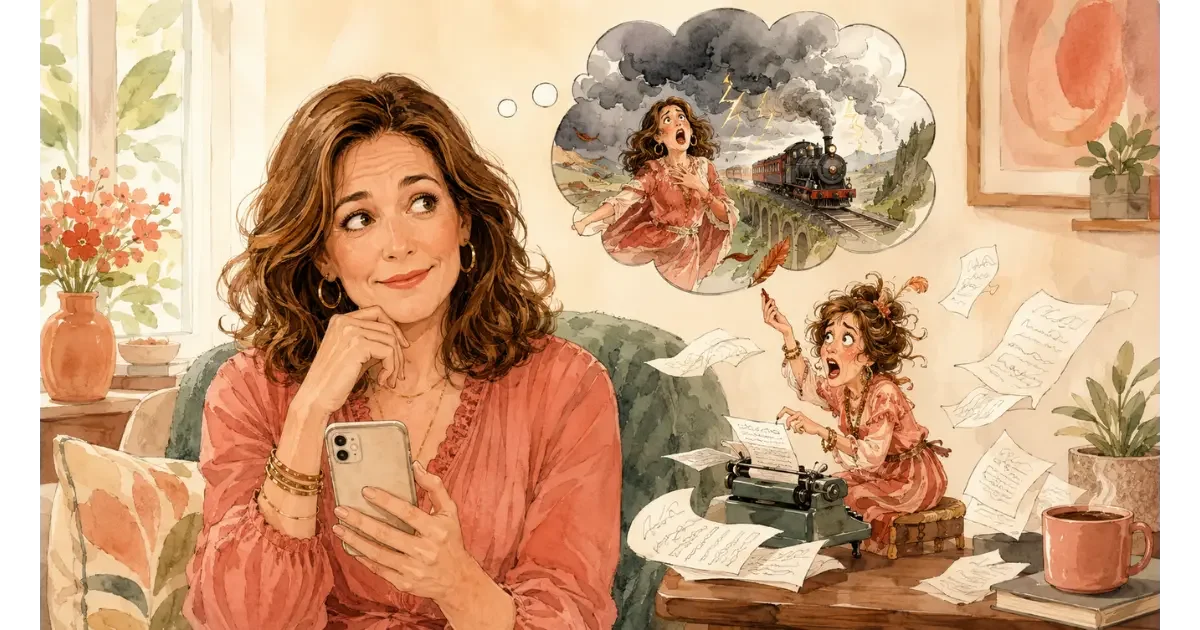 Watercolor illustration of a woman in her early 40s holding her phone while anxiety invents a dramatic story at a tiny typewriter