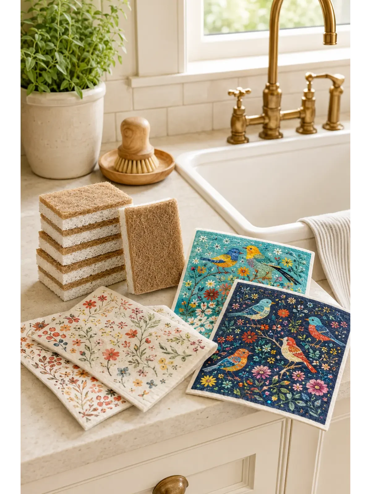 Natural kitchen sponges and colorful Swedish dishcloths beside a farmhouse sink.
