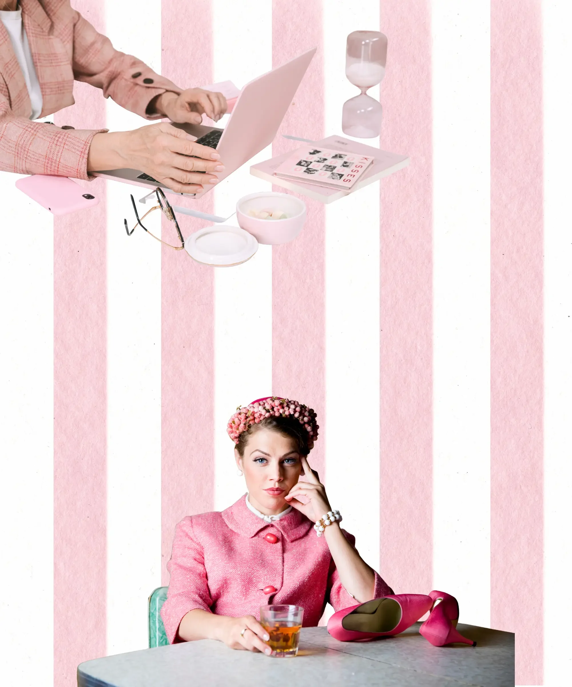 Retro woman in pink sits at a table with a drink and pink heels, while floating hands type on a laptop with an hourglass above, set against a pink striped background.