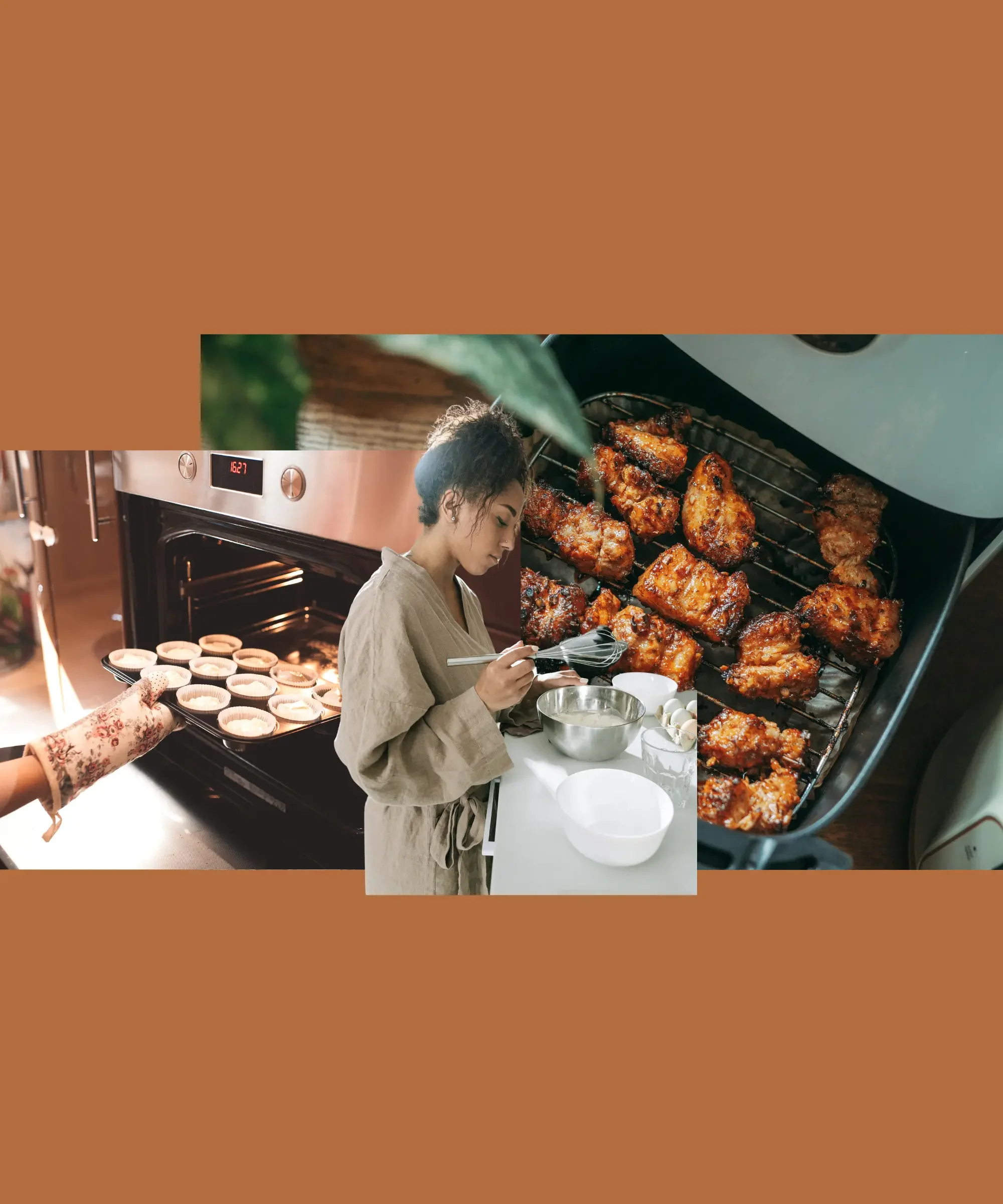 Woman cooking in a modern kitchen comparing oven baking and air fryer cooking with baked cupcakes in oven and crispy chicken in air fryer.