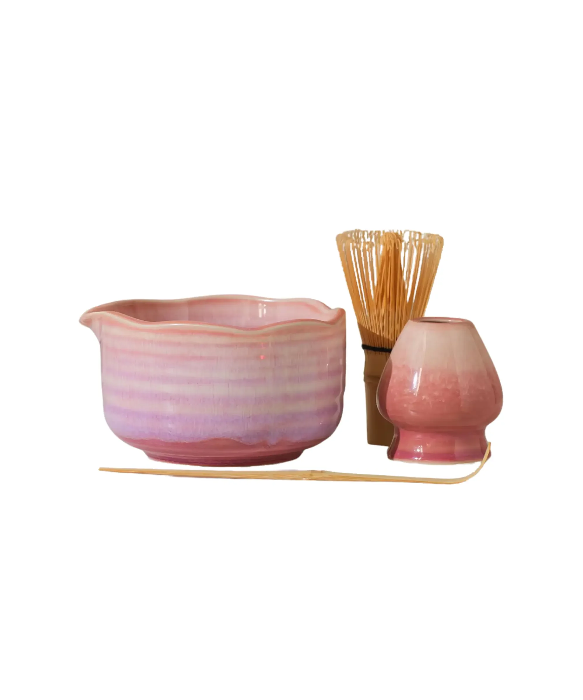 Natural lavender gradient matcha bowl set with bamboo whisk, chasen holder, and scoop—ceramic Japanese tea set for matcha preparation and gift giving