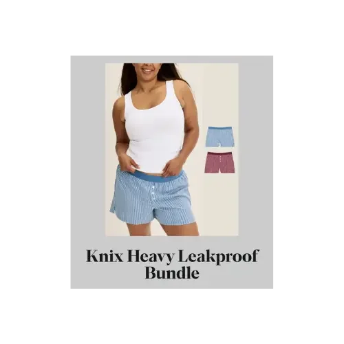 Model wearing a white tank top and blue striped shorts, beside blue and burgundy shorts, with the caption “Knix Heavy Leakproof Bundle.”
