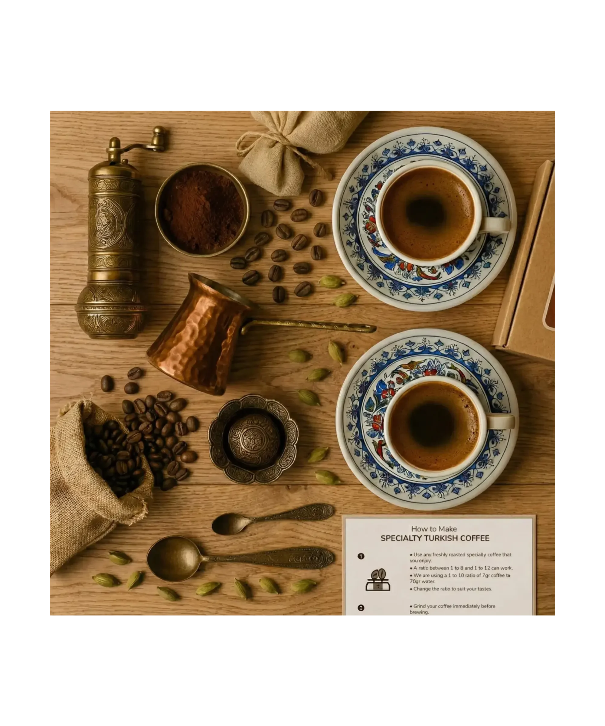 Flat lay of traditional Turkish coffee setup with ornate cups and saucers, copper cezve, manual grinder, coffee beans, cardamom, and brewing accessories on wooden table