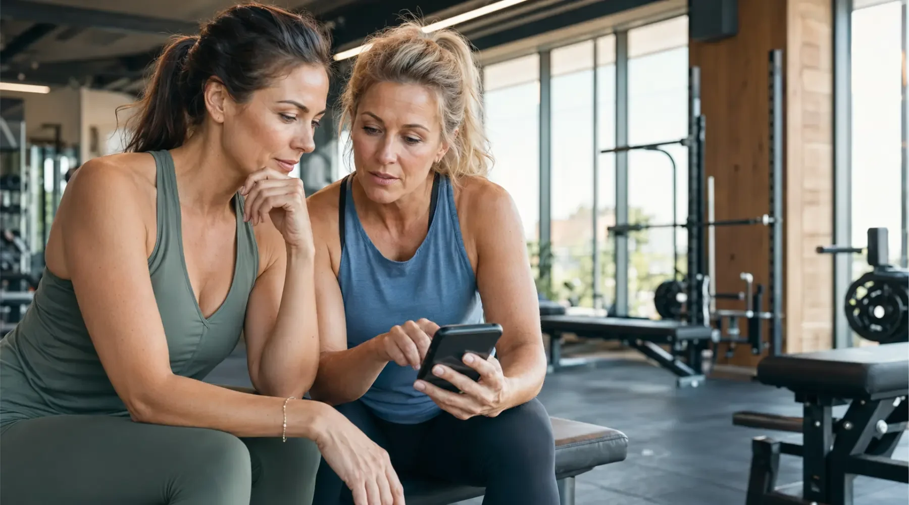 Two women at the gym reviewing information together on a smartphone.