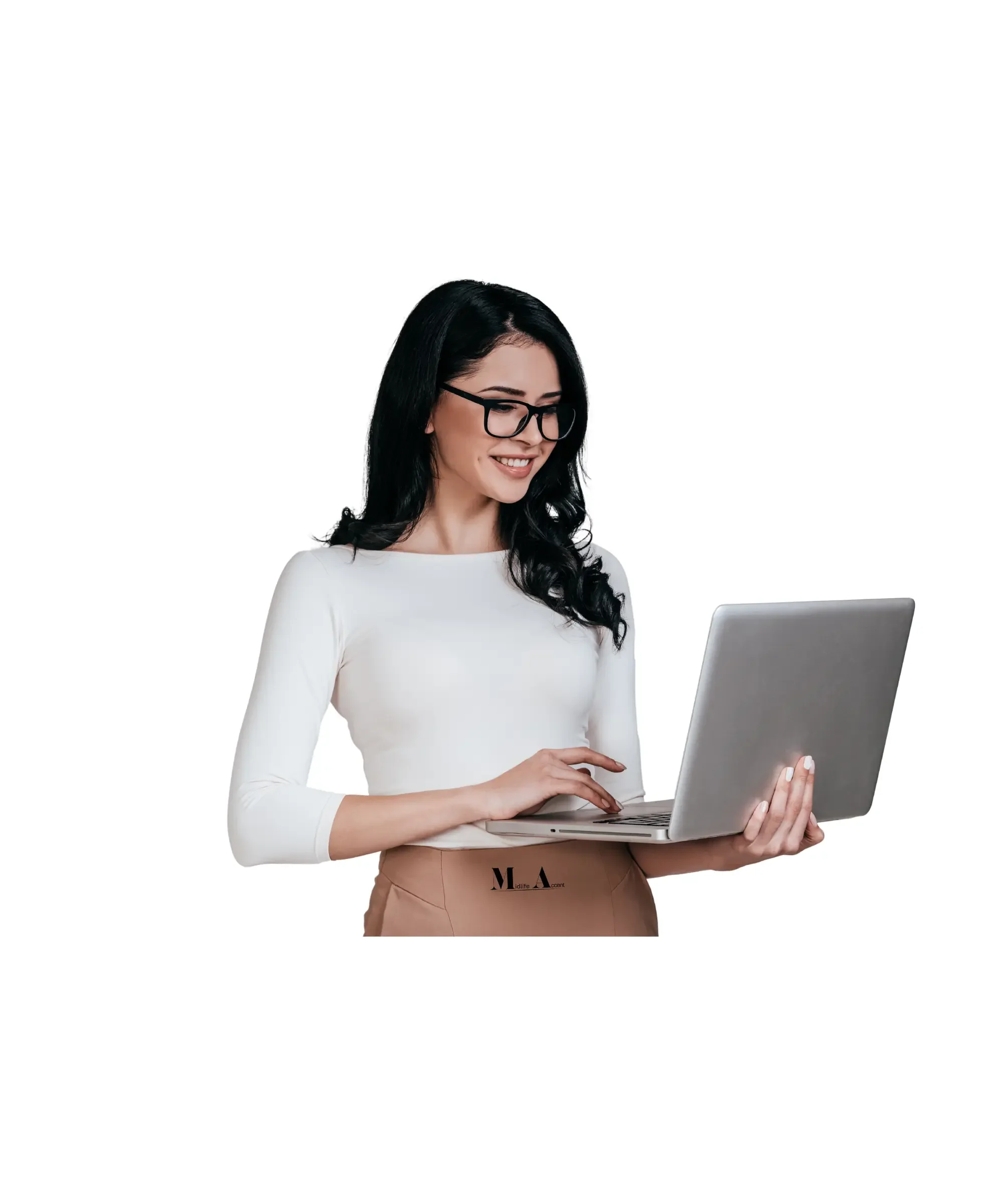 woman with dar hair wnd wearing glasses holds a laptop while smiling