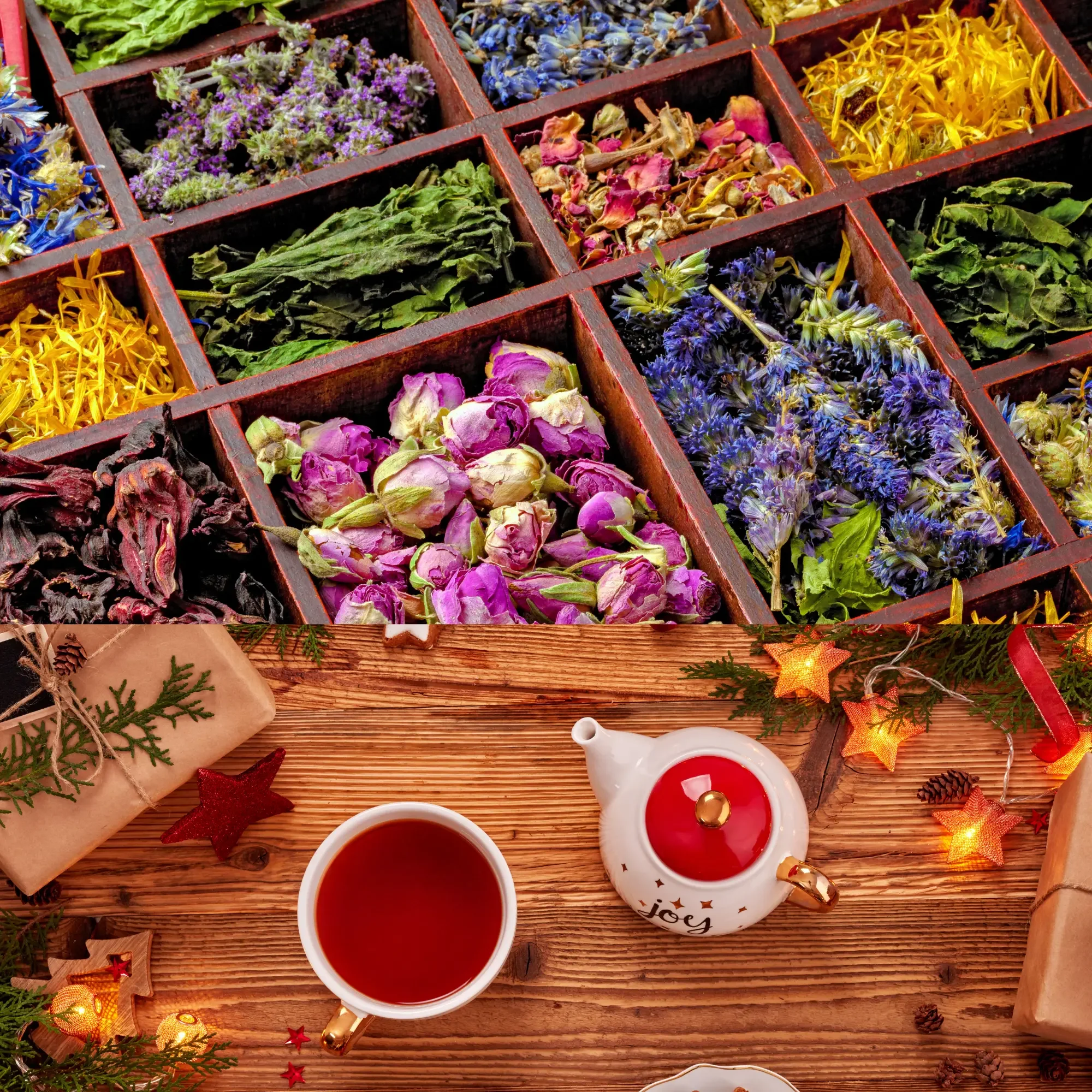 Flat lay of a festive herbal tea setup with assorted dried flowers and herbs in a wooden box, a cup of red herbal tea, and a white teapot on a rustic wooden table with cozy Christmas decorations and warm lights.