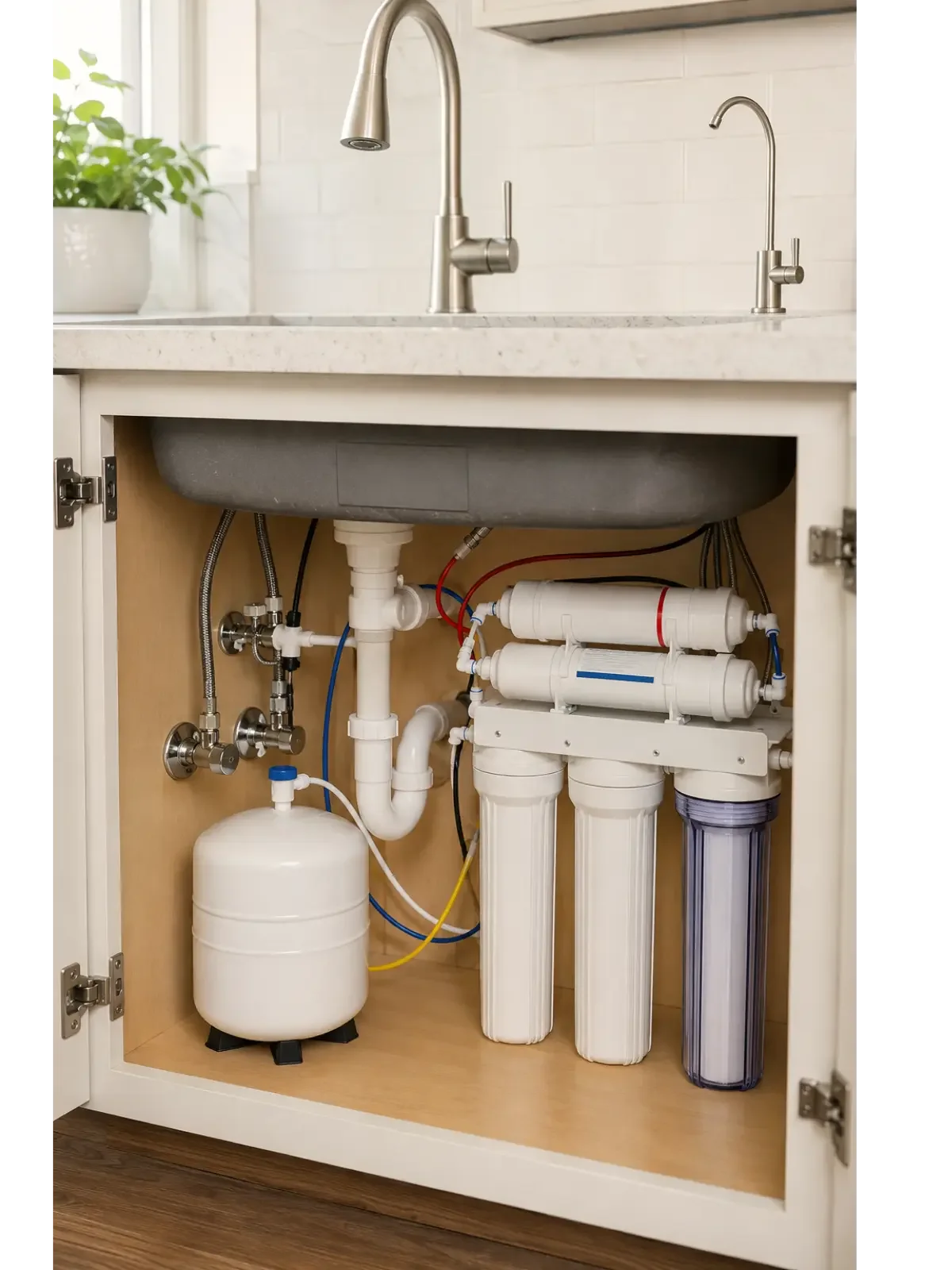 Six-stage reverse osmosis system installed beneath a kitchen sink.