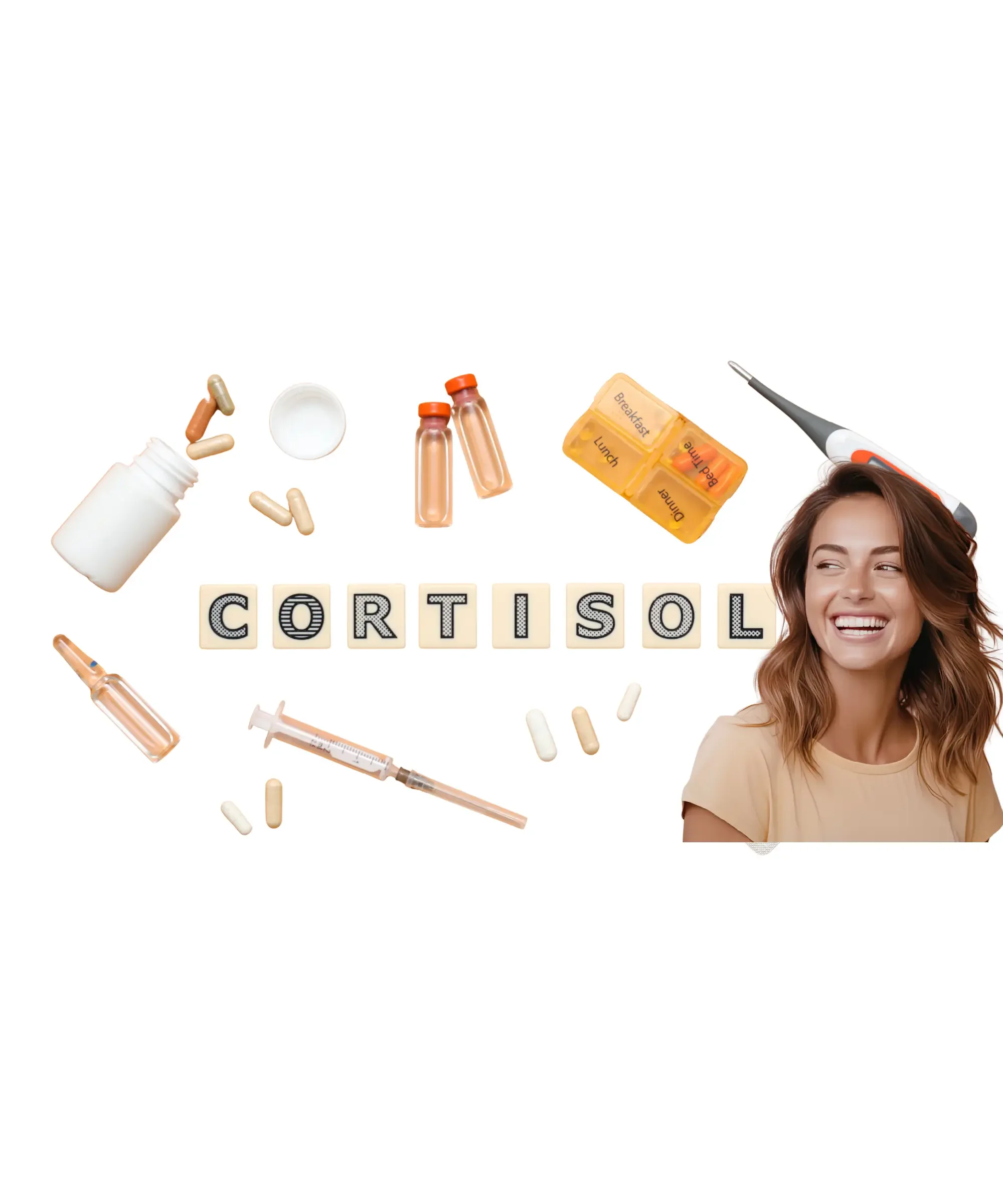 cortisol concept image with supplements pills syringe medicine bottles pill organizer and smiling woman representing stress hormone balance and natural health support. how to lower cortisol naturally simple daily habits.