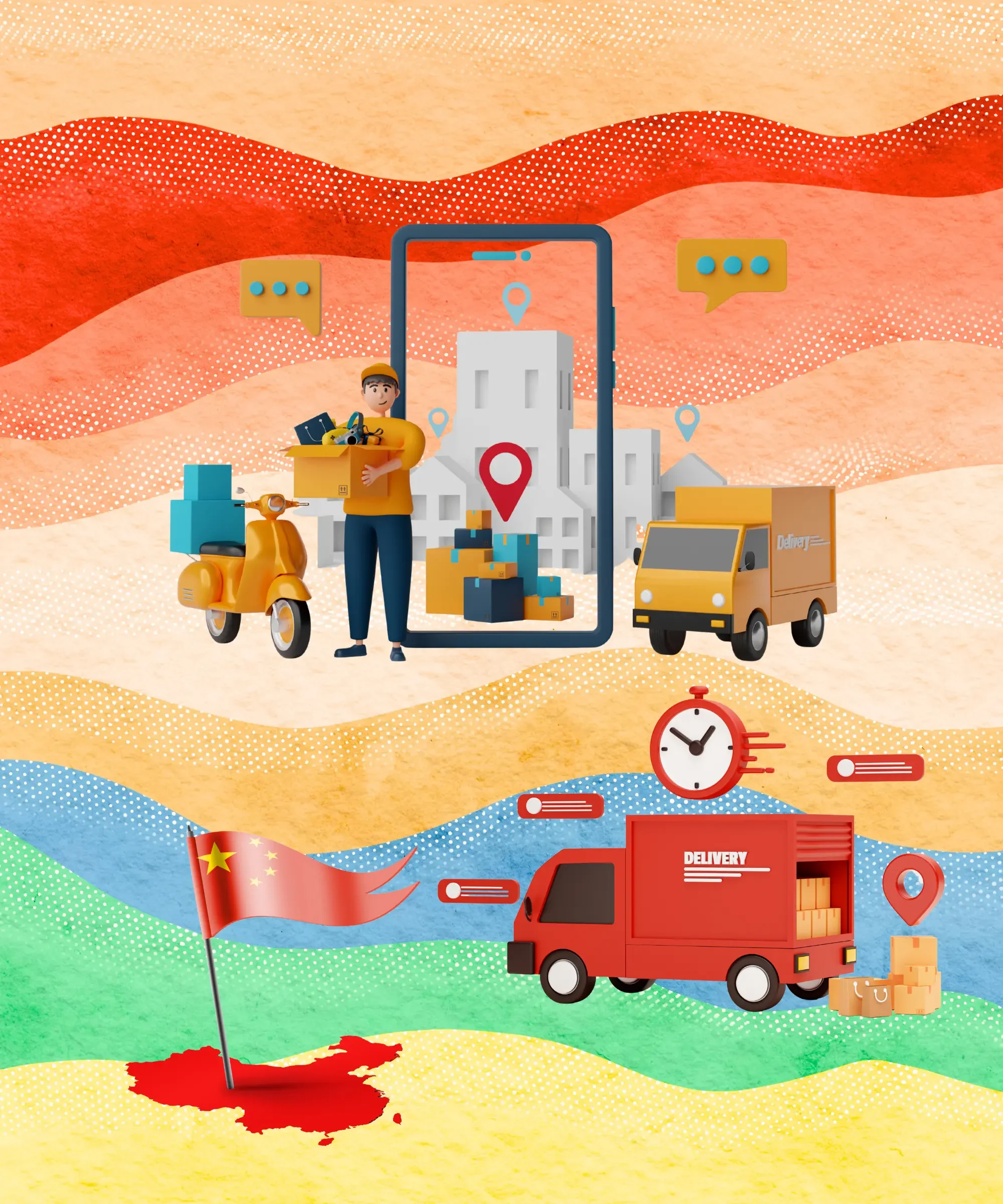 Colorful illustration showing China-based product sourcing and shipping logistics, with delivery vehicles, packages, and a map of China symbolizing the process after attending trade fairs.