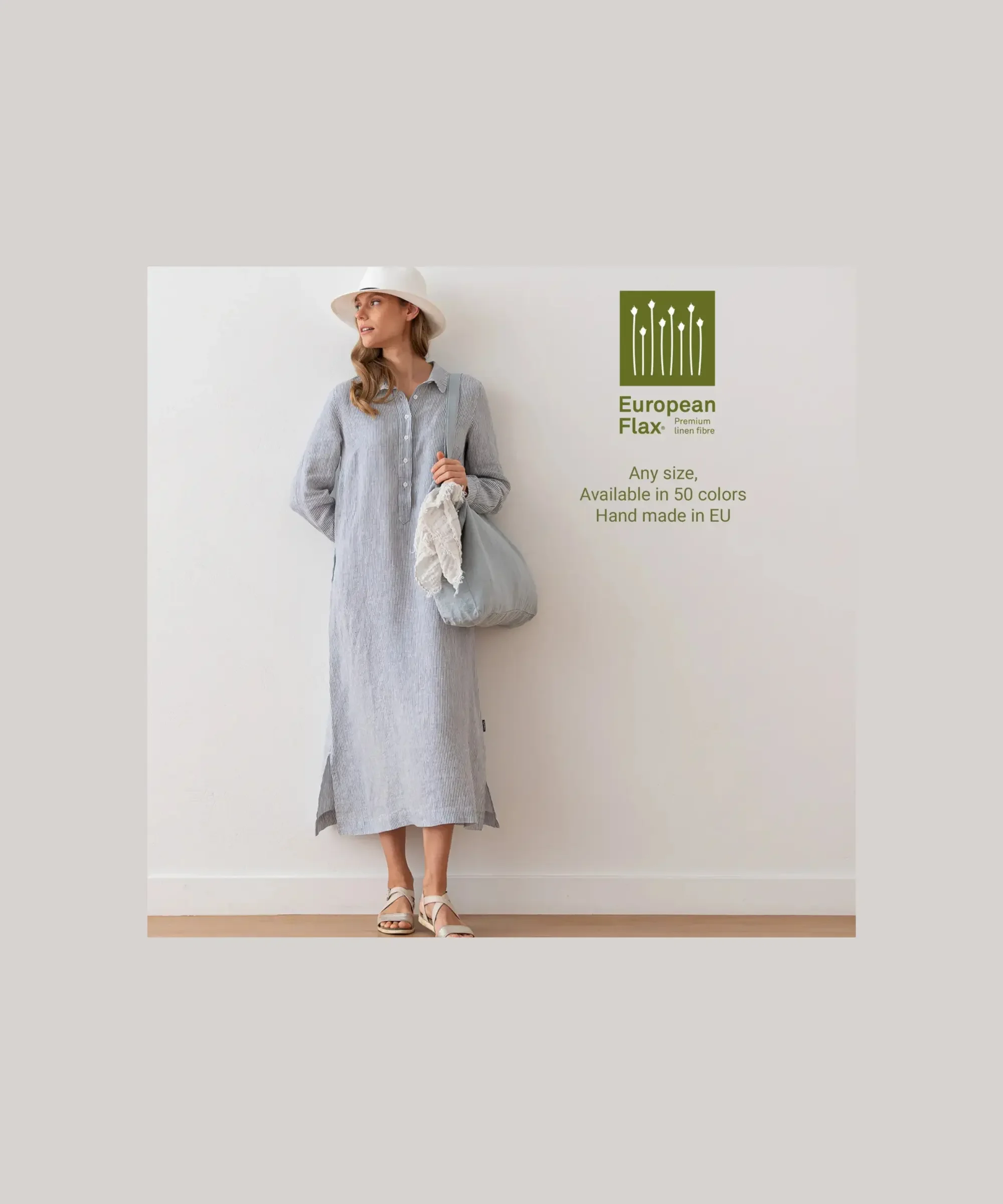 Woman wearing a minimalist European flax linen maxi dress with long sleeves, paired with a hat and sandals, sustainable handmade linen clothing for women.