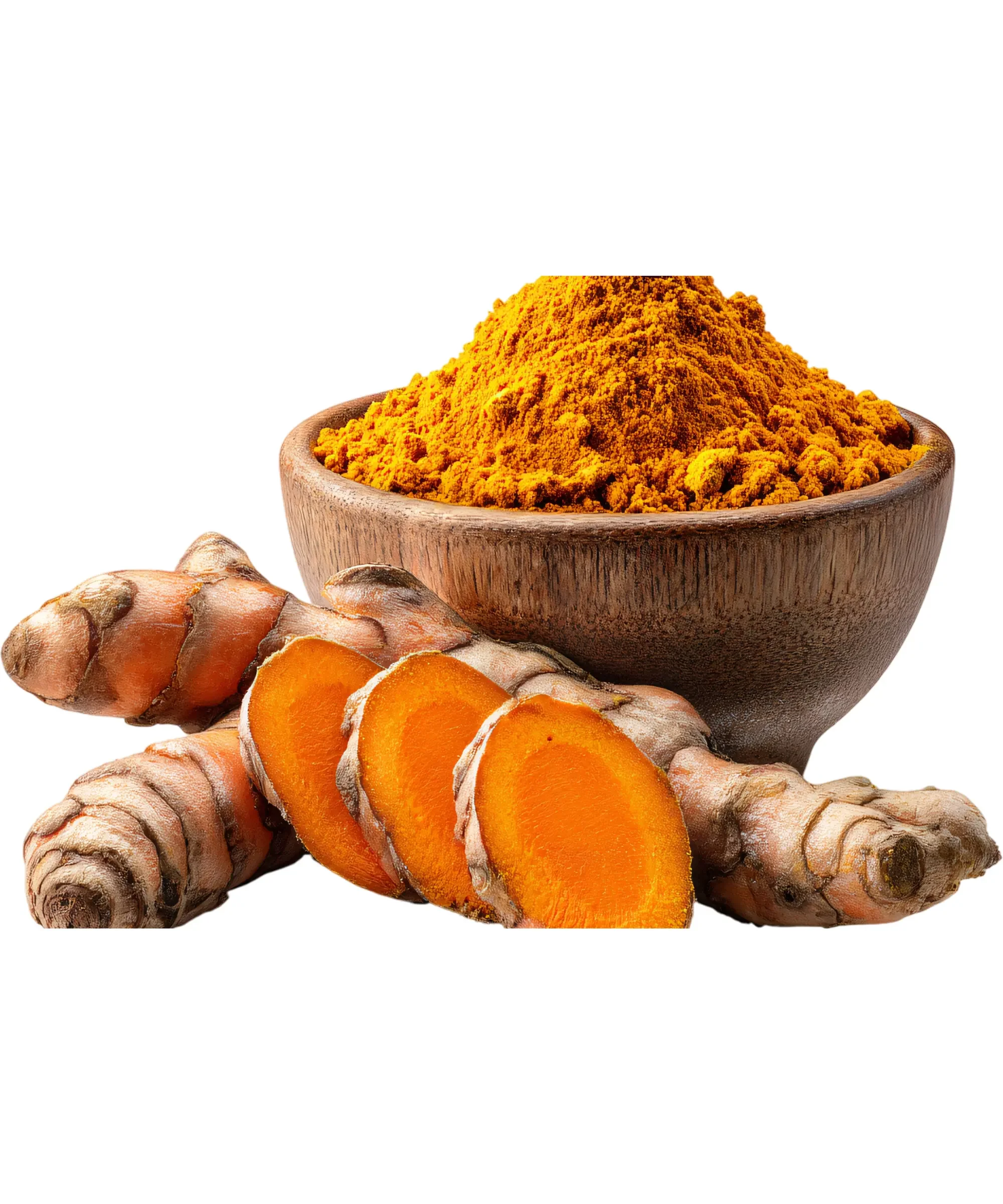 Turmeric root and turmeric powder in a wooden bowl on a white background.