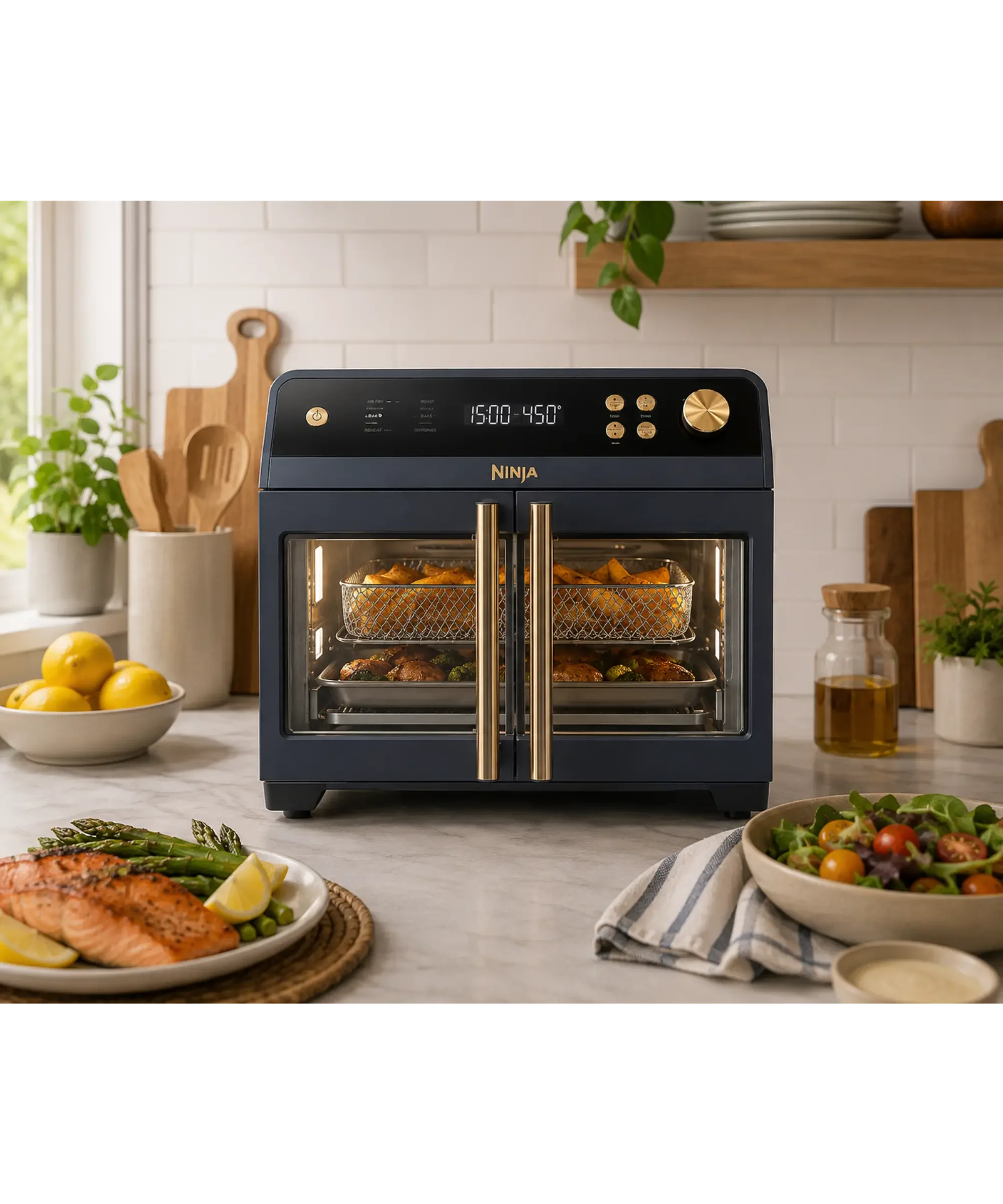 Dark blue Ninja French Door Air Fryer Oven displayed on a bright kitchen countertop with roasted vegetables, grilled salmon, fresh salad, and natural wood accents, showcasing its spacious dual-door design and PFAS-free cooking accessories.