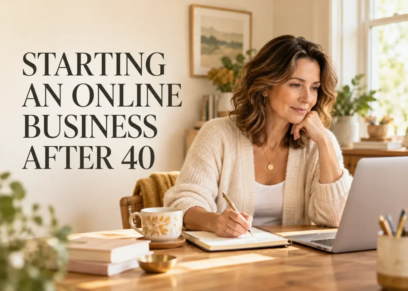 Woman working on an online business from her home office with a laptop and notebook, beside the words “Starting an Online Business After 40.
