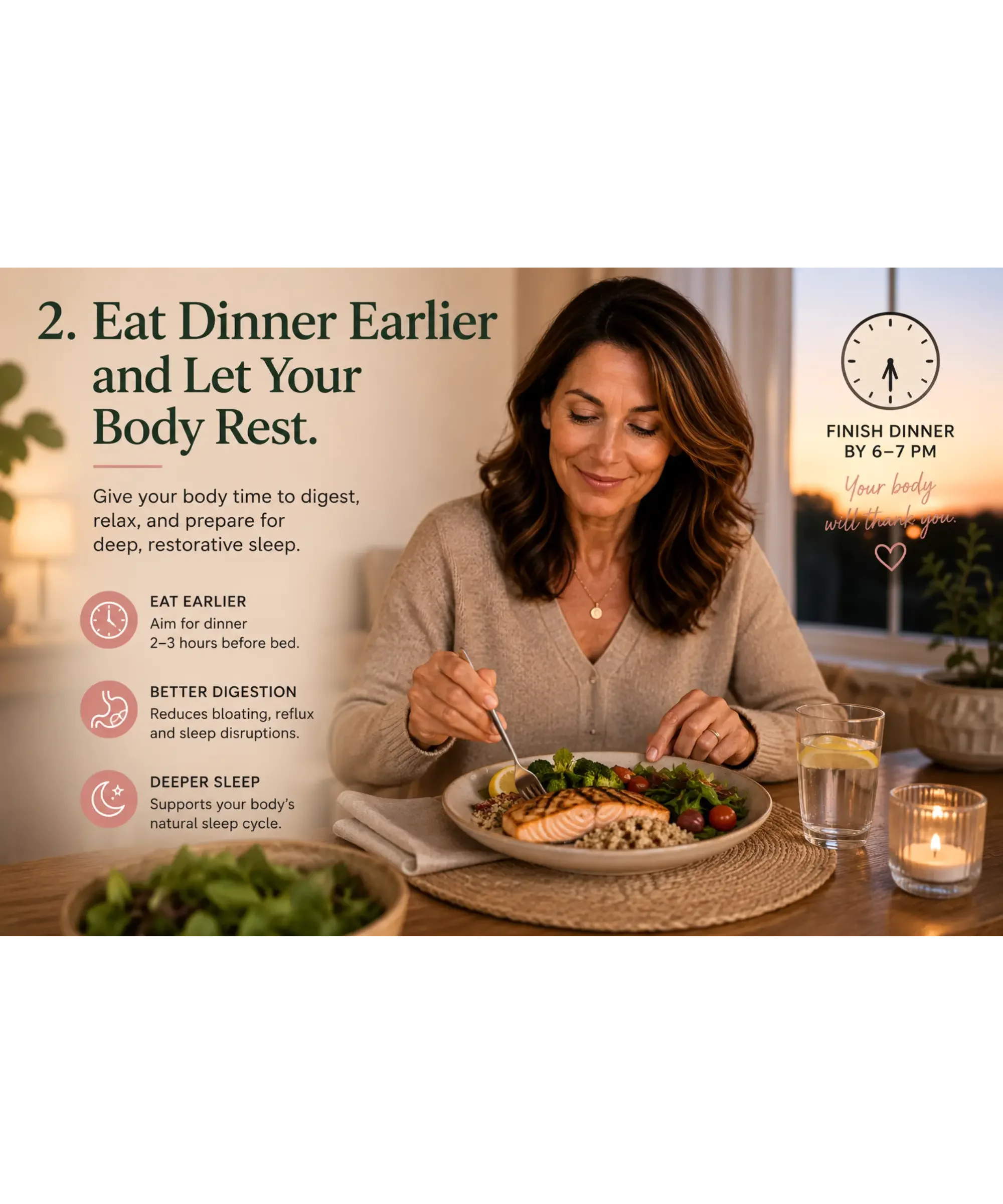 A woman in her 50s enjoys an early, healthy dinner of grilled salmon, vegetables, and whole grains by candlelight, illustrating how eating a balanced meal a few hours before bed supports digestion, relaxation, and better sleep.