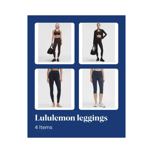 Four product photos of women modeling black and navy Lululemon leggings in full-length and cropped styles, arranged on a blue background.