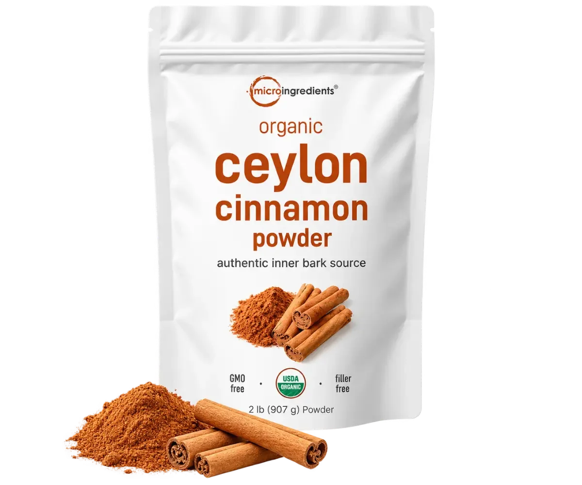 Micro Ingredients organic Ceylon cinnamon powder pouch displayed with cinnamon sticks and ground cinnamon.