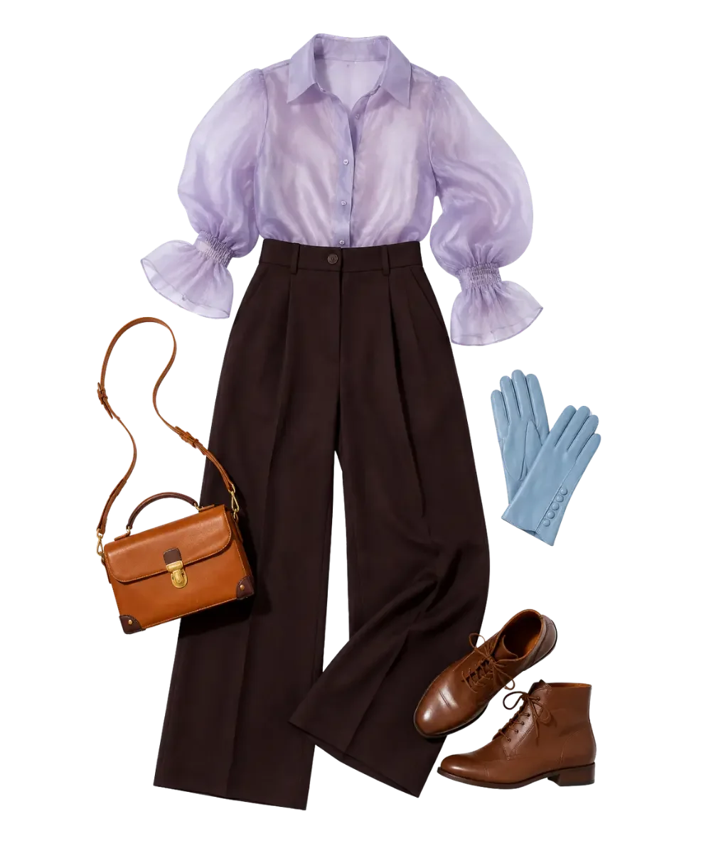 Lavender organza blouse paired with chocolate-brown wide-leg trousers, cognac ankle boots and crossbody bag, and powder-blue leather gloves on a white background.