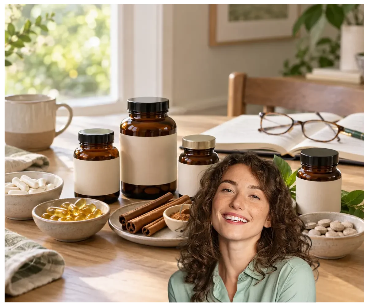 Smiling woman beside supplement bottles, capsules, omega-3 softgels, cinnamon sticks, and an open research notebook.