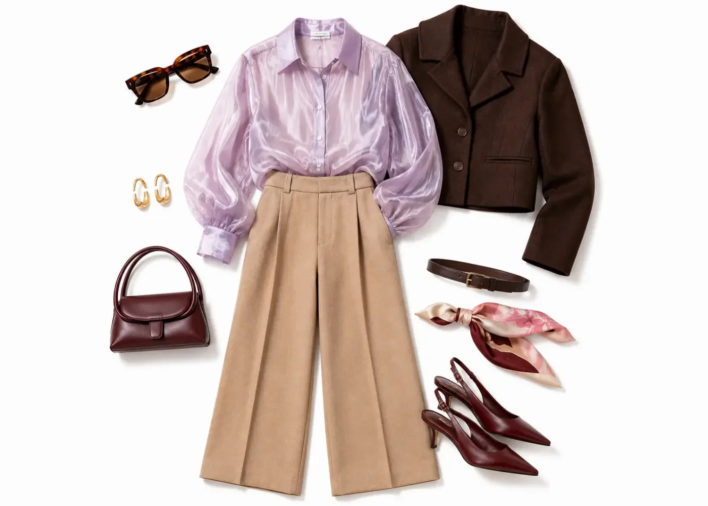 Autumn capsule outfit featuring camel wide-leg trousers, a lavender organza blouse, chocolate jacket, burgundy heels, handbag, and gold accessories.