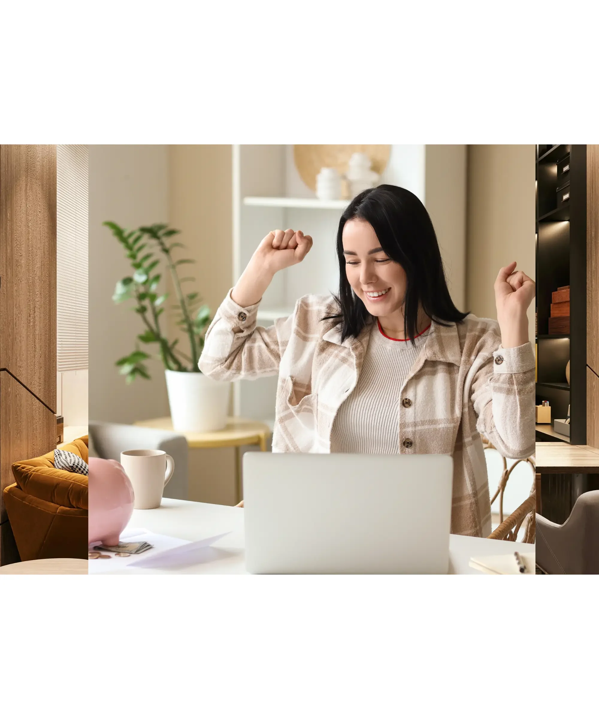 Woman celebrating at her laptop in a home office, symbolizing online business success, productivity, and working from home.