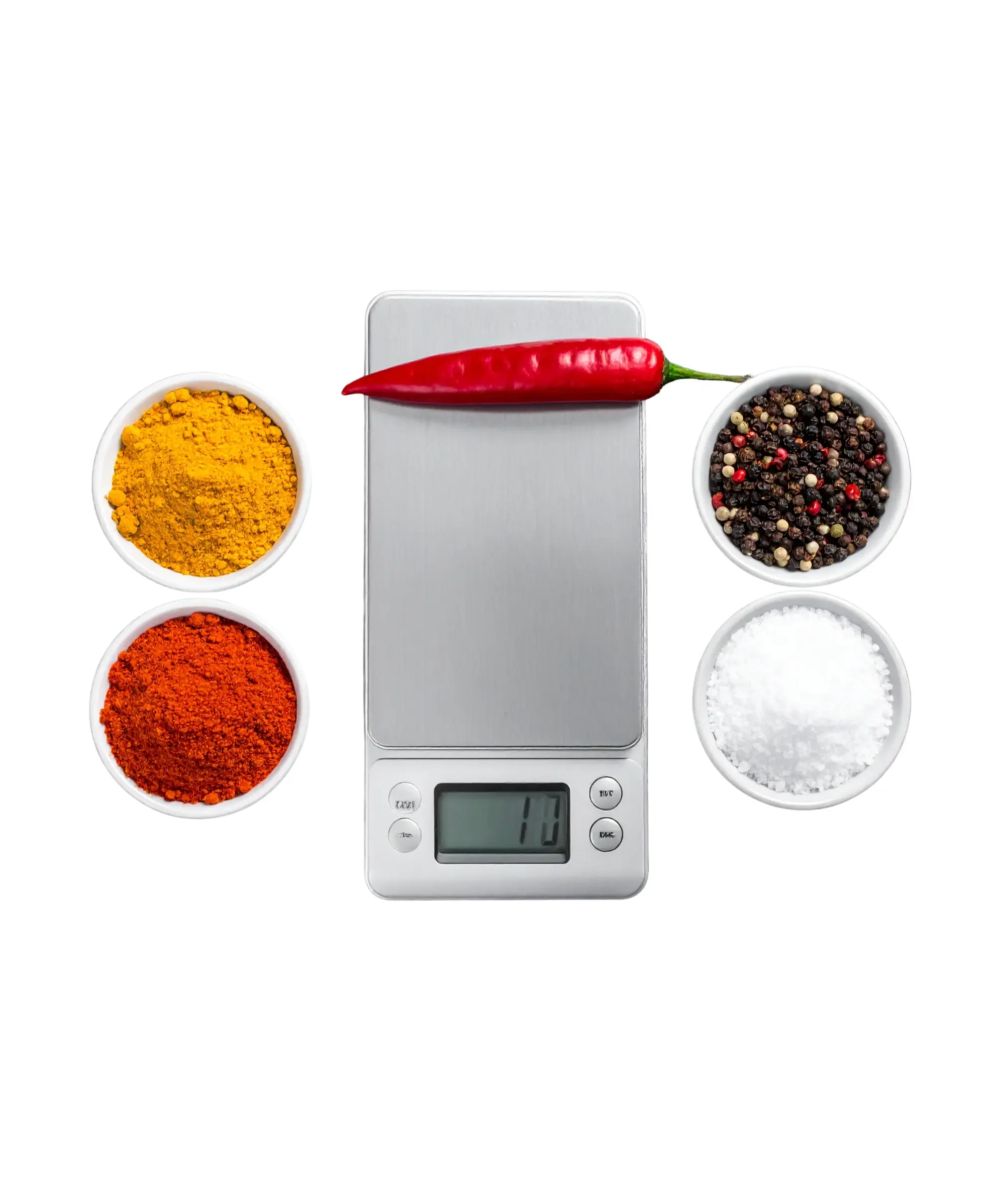 Digital kitchen scale with spices and ingredients, used for portion awareness in blood sugar–friendly cooking