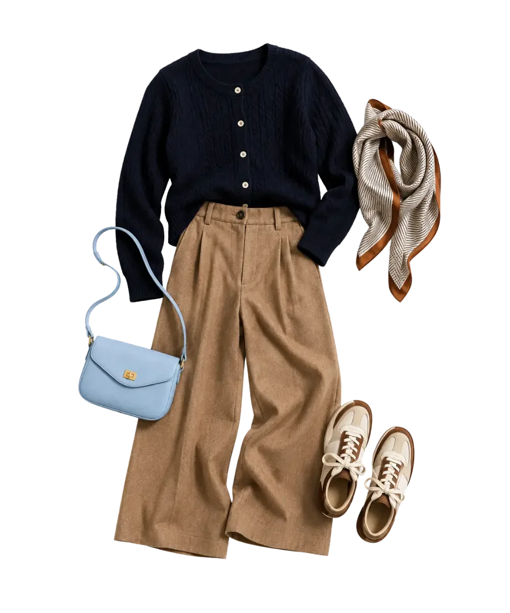 Navy cardigan paired with camel wide-leg trousers, cream-and-brown sneakers, a powder-blue crossbody bag, and a striped silk scarf on a white background.