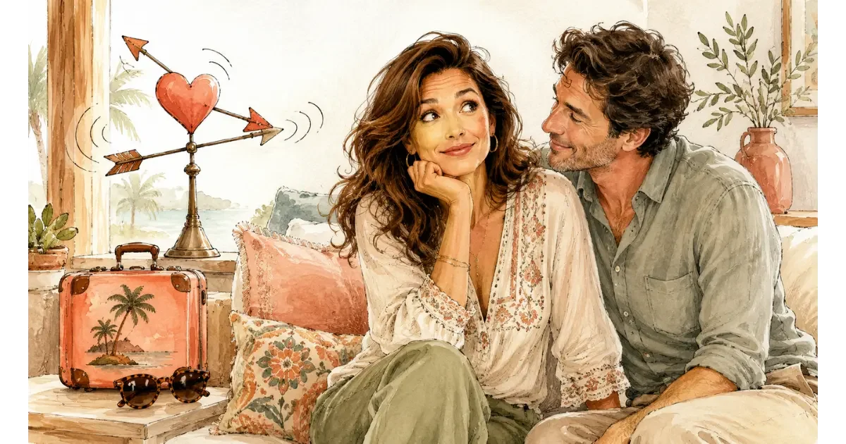 Watercolor illustration of a woman in her early 40s sharing a playful moment with her partner as a spinning heart and packed suitcase symbolize an unpredictable libido.”