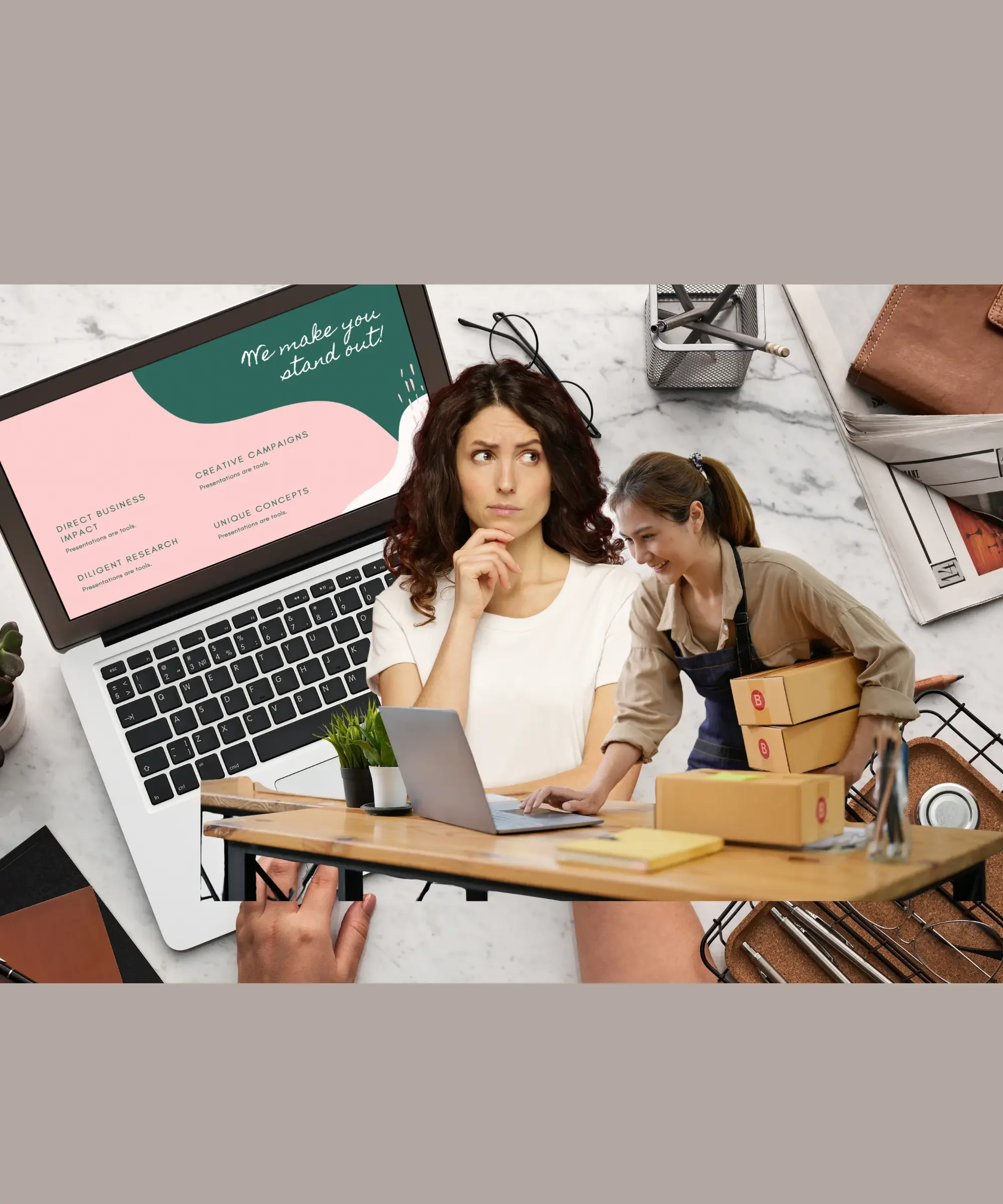 Woman thinking at a laptop while planning a business, with product packaging and branding visuals representing the decision between selling digital or physical products.