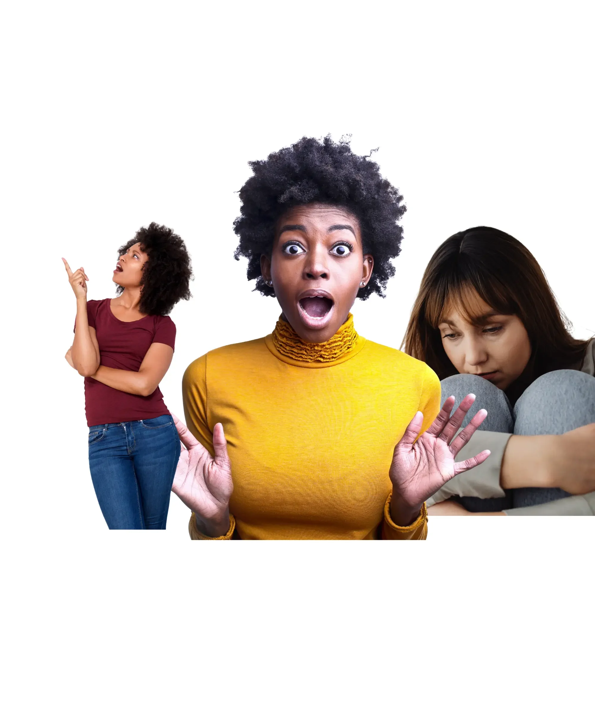 Three women showing surprised, thoughtful, and distressed expressions on a white background.