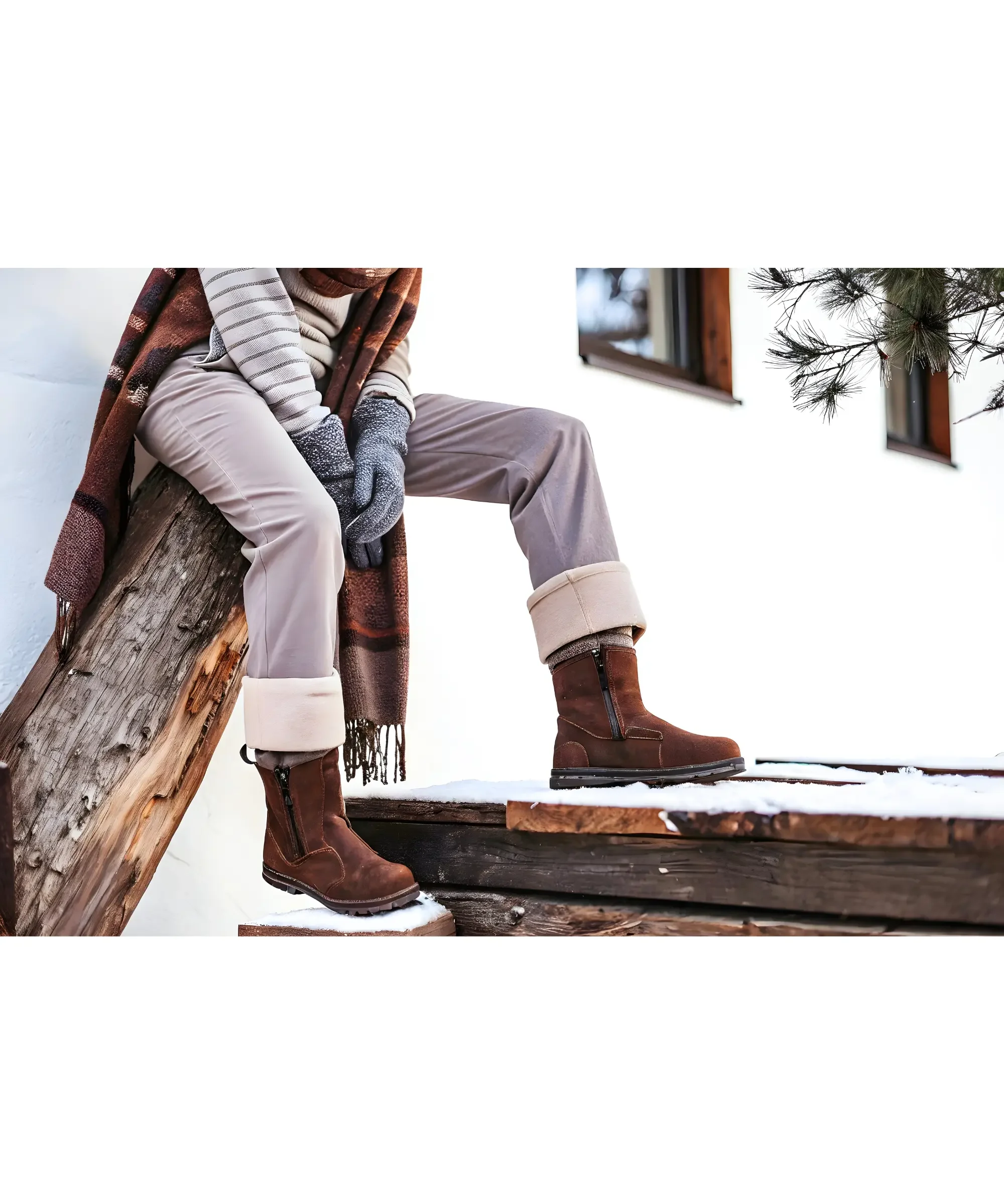 Brown winter boots worn outdoors in snow, ideal for cold weather and waterproof winter shoe care