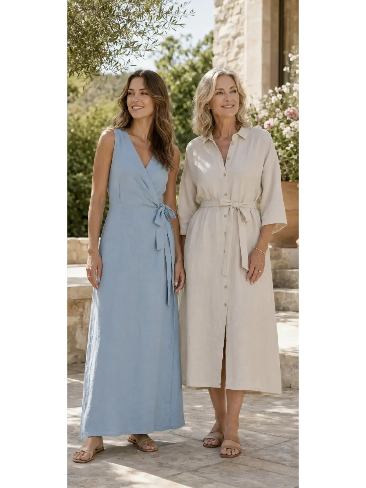 Two women of different ages wearing elegant linen dresses on a sunlit garden terrace.