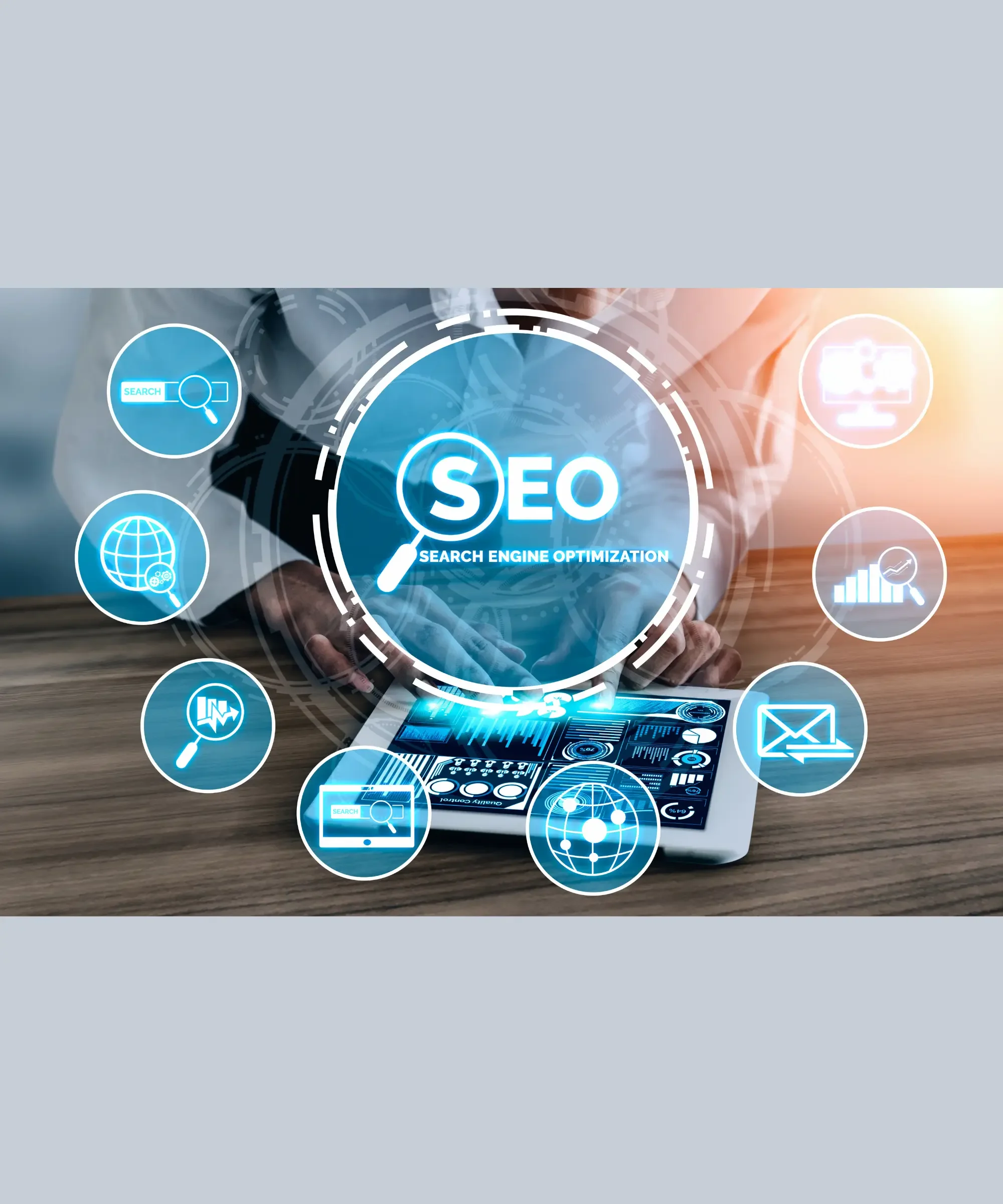 Digital interface showing SEO (search engine optimization) dashboard and analytics icons, representing online visibility and content strategy.