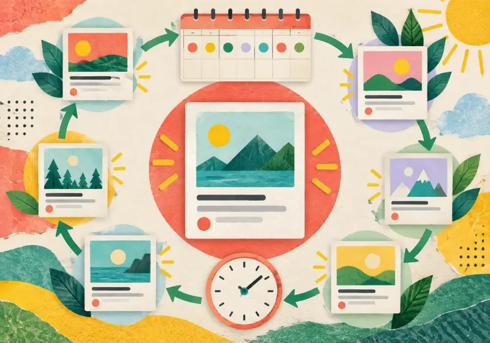 Evergreen content moving through a calendar and publishing cycle to be shared again over time.