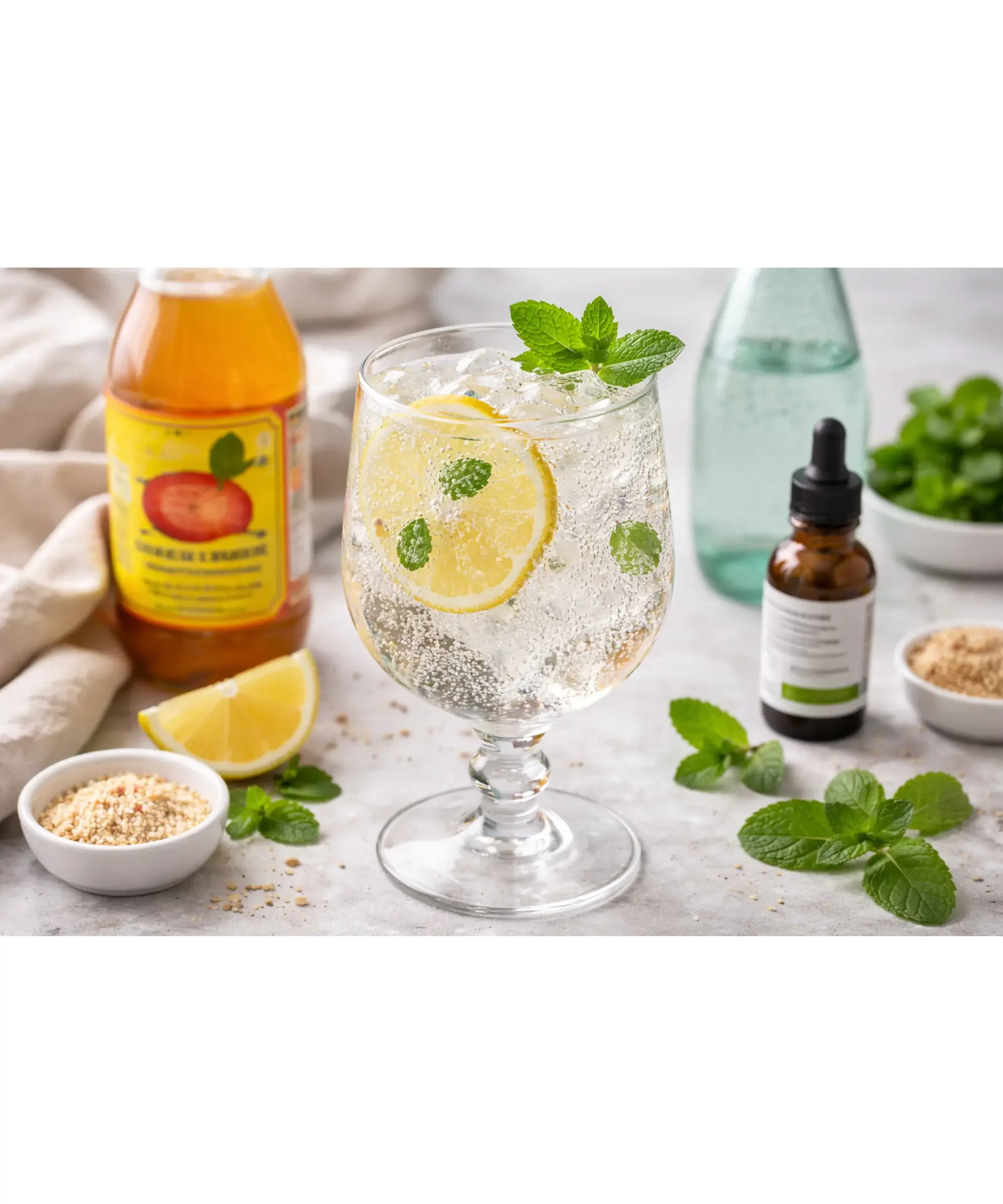 cup with fizzy water, apple cider vinegar and lemon and mint
