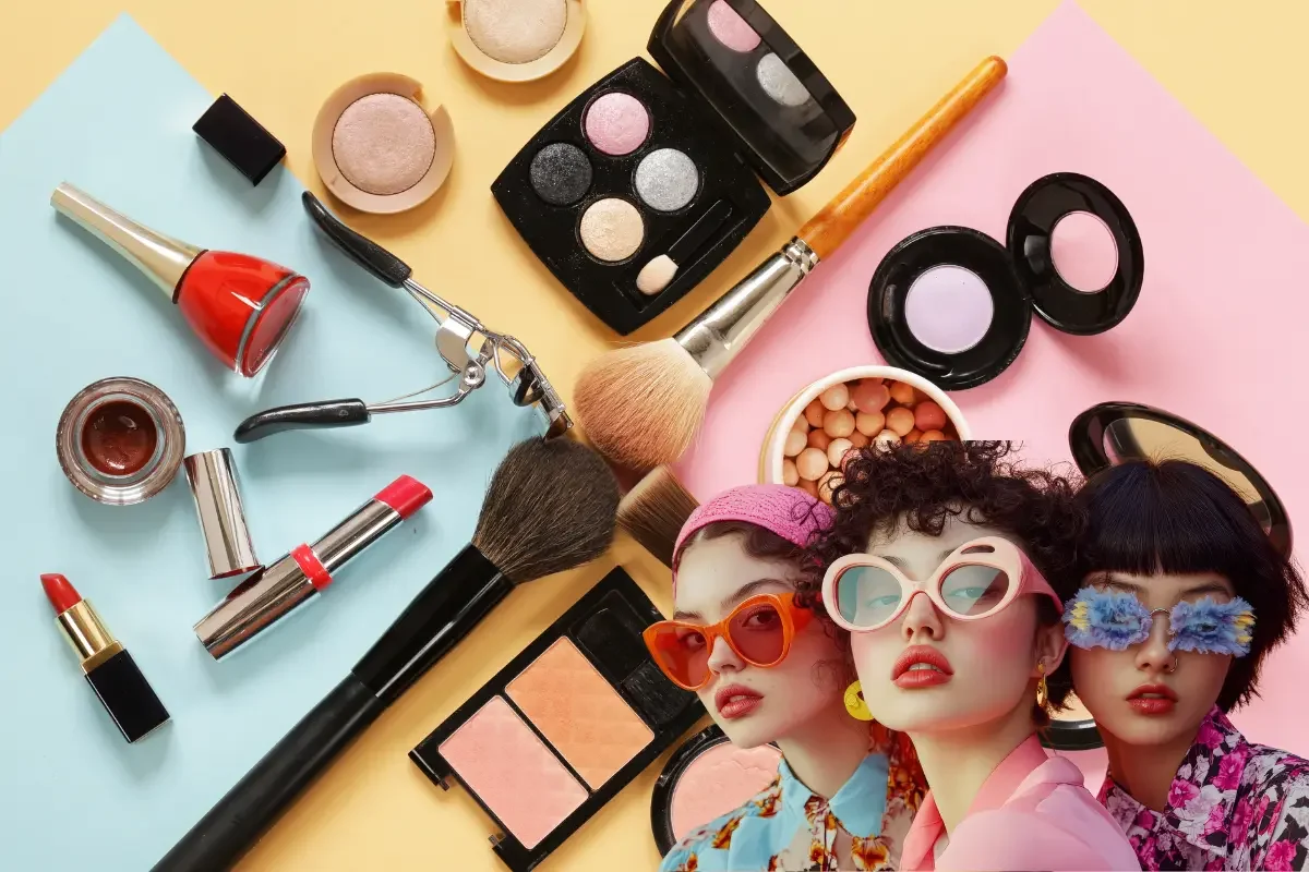 Colorful flat-lay of makeup products with three stylish women in bold sunglasses, representing beauty and cosmetics product sourcing.