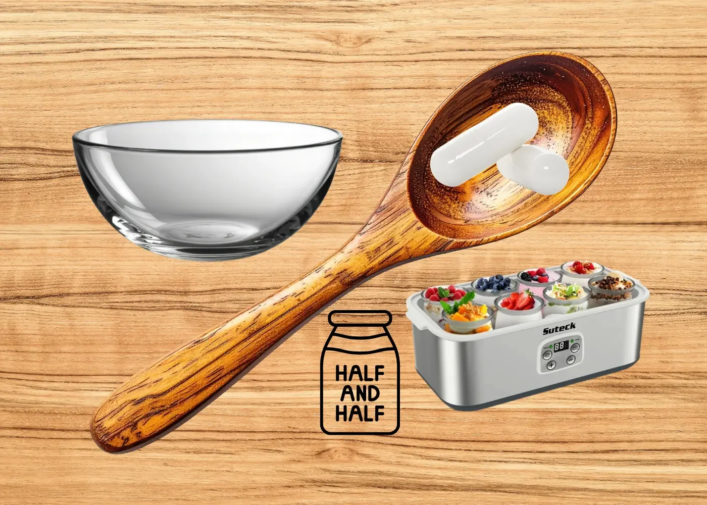wood table with ingredients to make yogurt, wood spoon with two pills, glass bowl, yogurt maker, illustration of half and half