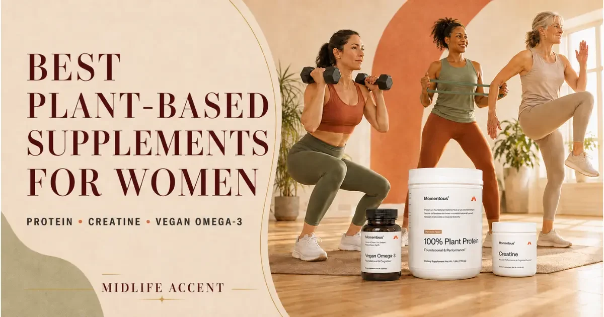 Three women exercise with dumbbells and resistance bands beside Momentous plant protein, creatine, and vegan omega-3.