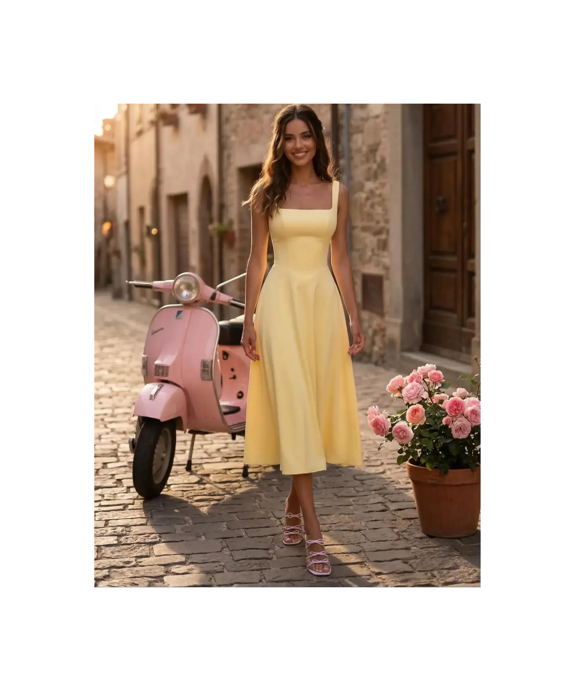 Woman in a yellow midi dress walking on a cobblestone street, with a pink scooter and blooming flowers in a charming European setting.
