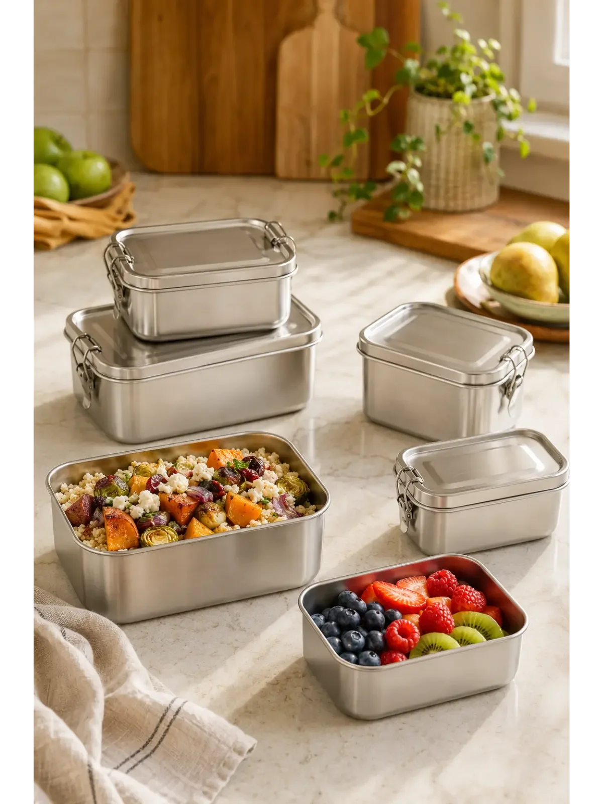 Stainless steel food containers filled with fresh fruit and vegetables in a warm, modern kitchen.