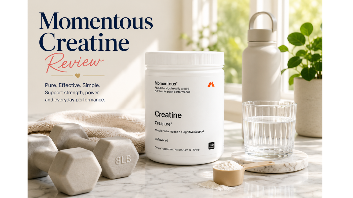 Momentous Creatine container with water, measuring scoop, and dumbbells on a bright kitchen countertop, illustrating a daily strength and wellness routine for women over 50.